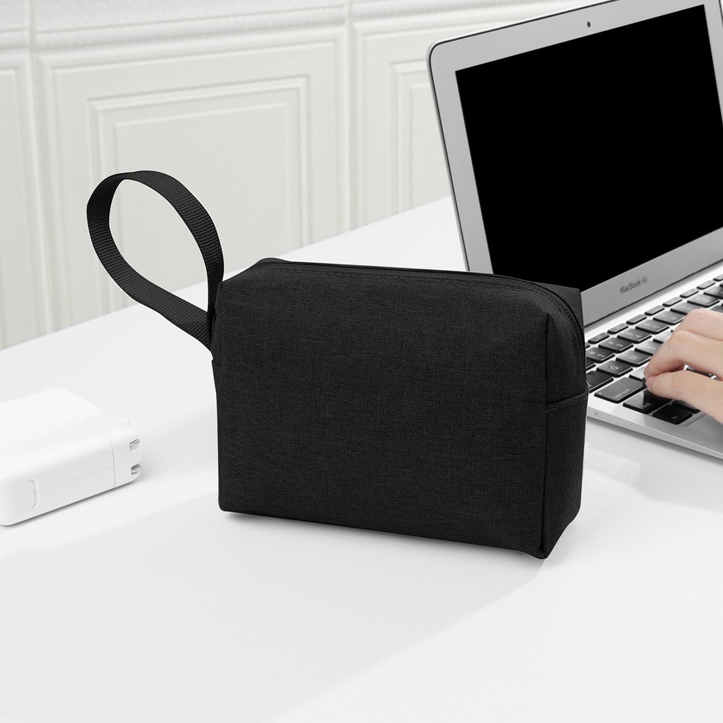 Tmiulu Waterproof Cosmetic Bag for Women | Soft Travel Makeup & Toiletry Organizer, Large Portable Storage for Makeup Products, Tissues, Electronics, USB Cables| Nylon, Durable & Stylish (Large-Black)