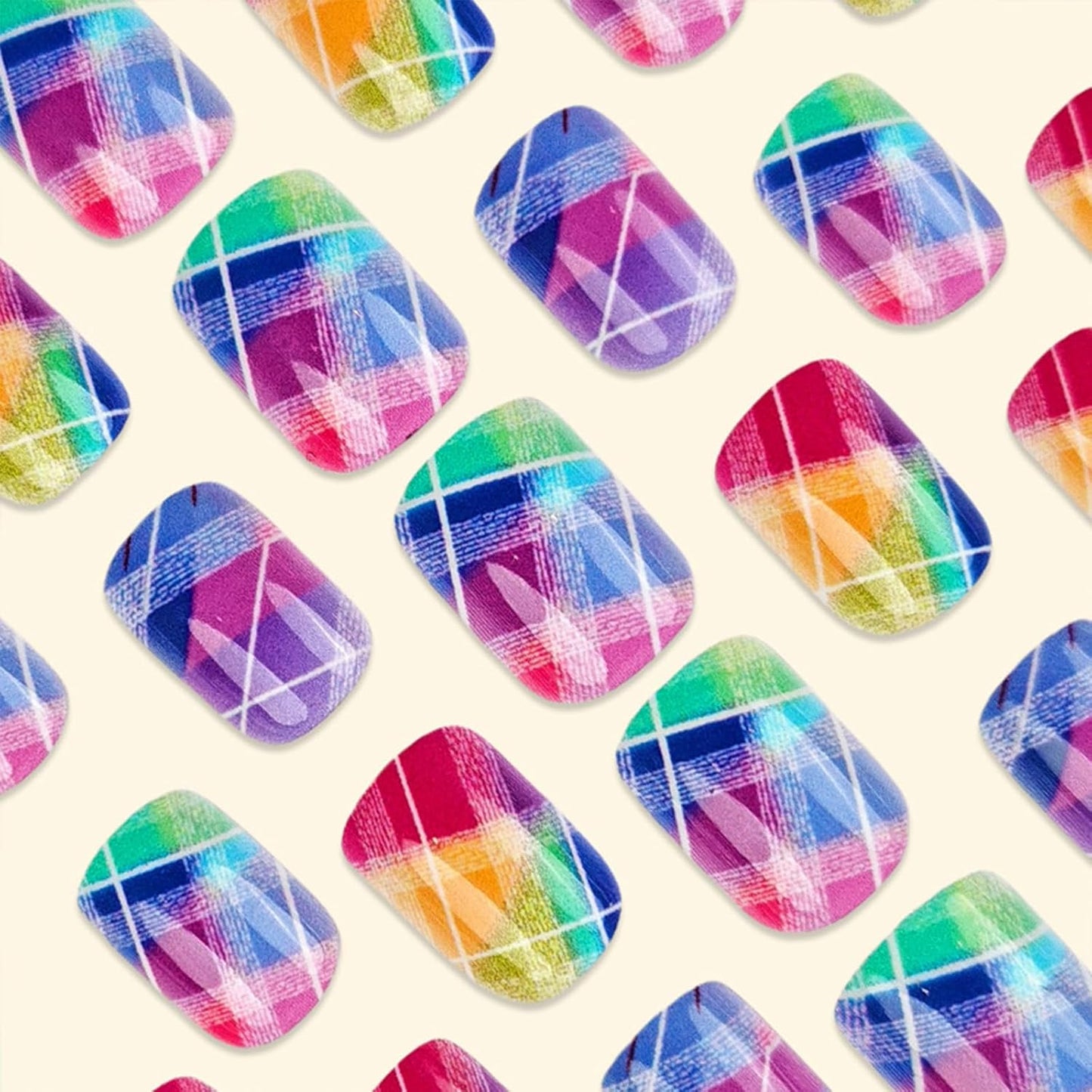Rainbow Checkered Press-On Nails - Short Square Gradient Fake Nails | 24 Pcs Glossy Reusable Nail Art for Women