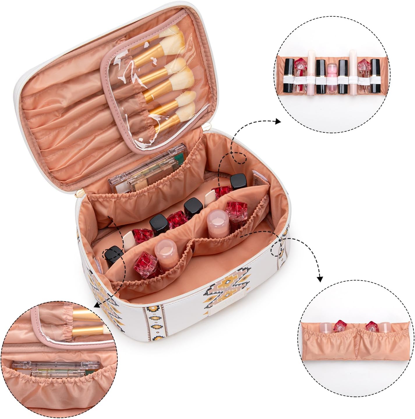 Travel Makeup Bag Set - Large Cosmetic Organizer with Brush Holder & Divider | Portable Toiletry Bag for Women - Aztec Design