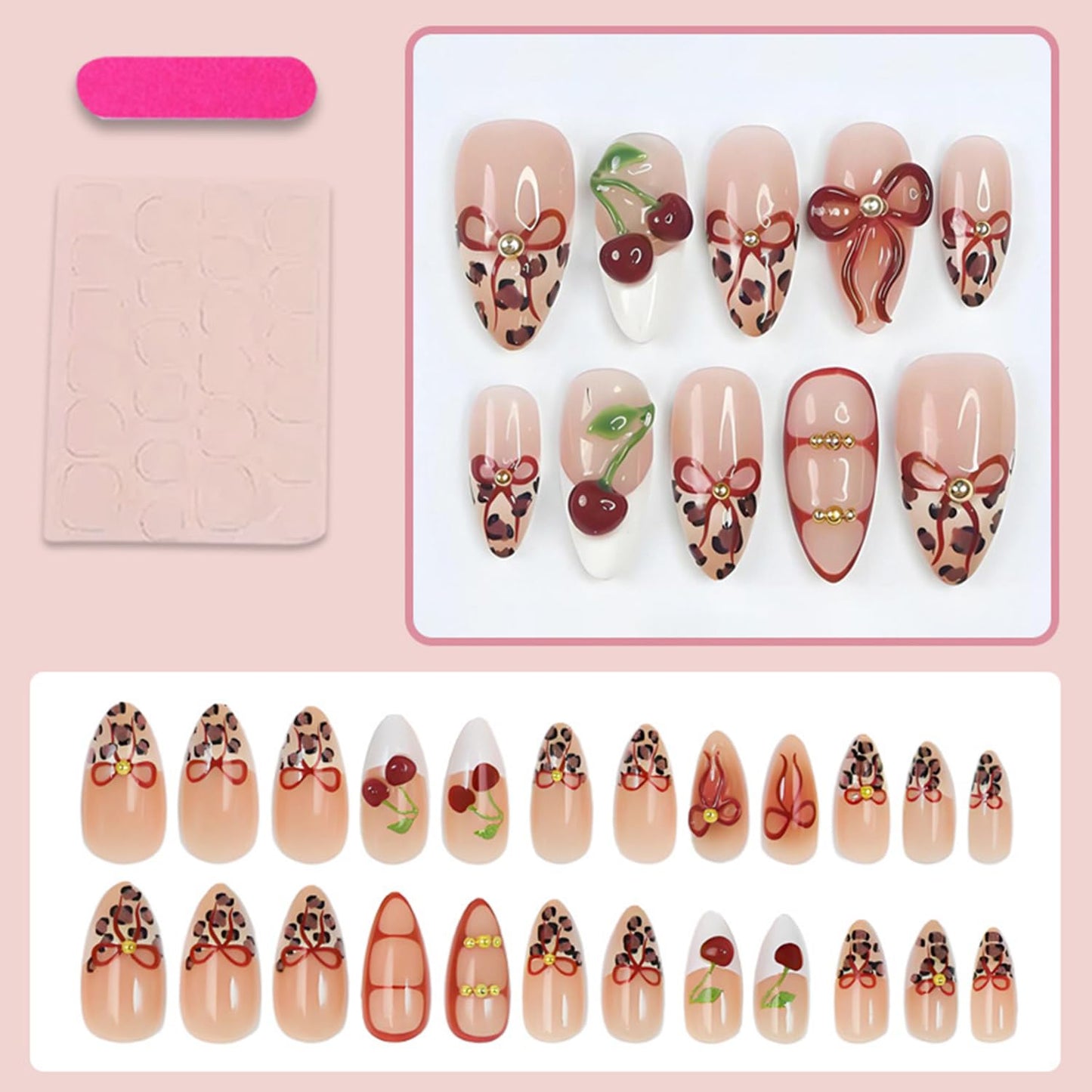 3D Cherry Bow Press-On Nails - Leopard Print French Tip Glossy Long Almond Acrylic | Reusable Artificial Stick-On Nails for Women