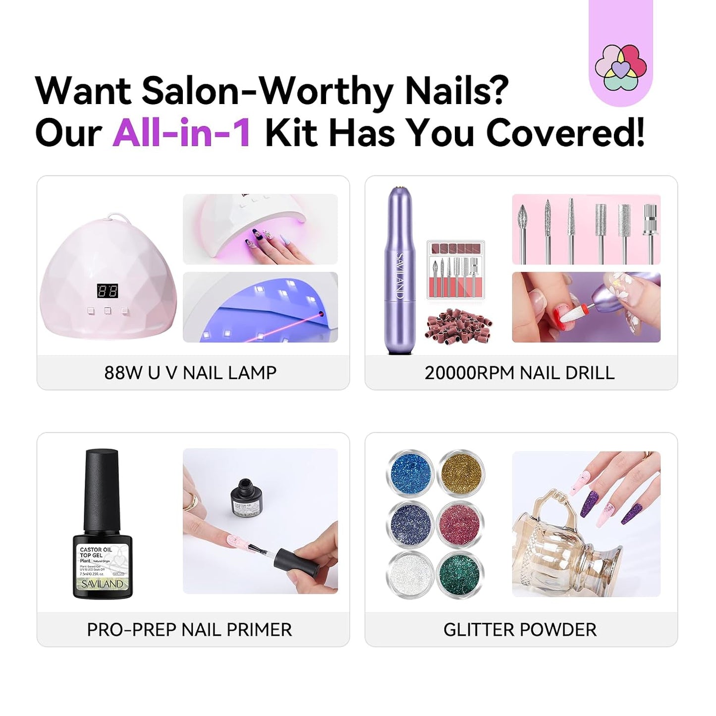 Acrylic Nail Kit - All-In-One Set with 88W Nail Lamp & Gel Polish | DIY Home Starter