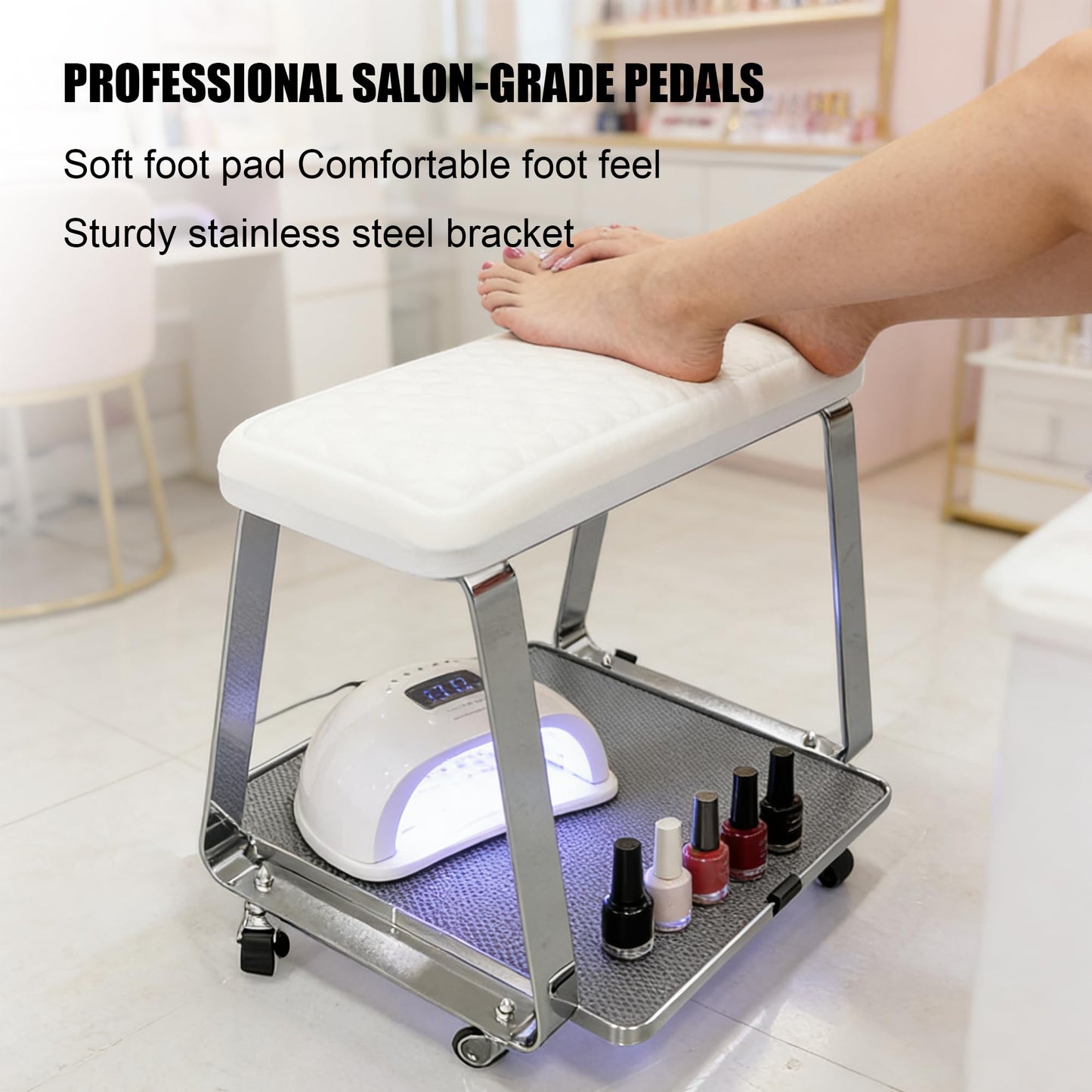 Erxewim Pedicure Foot Rest with Wheels for Nail Art Techs, Foot Therapy Pedicure Cart with Storage Tray, Soft Cushion & Stainless Steel Stand, Pedicure Stool for Salons, Spa, Massage, Home (White)