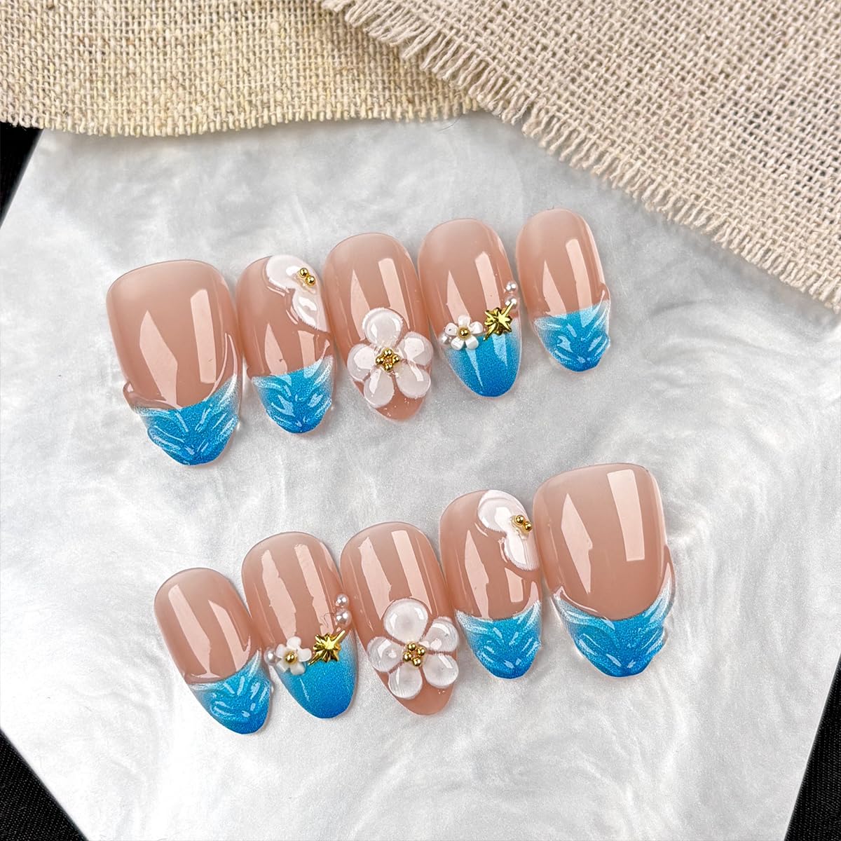 Short Almond Press-On Nails - 24 Pcs French Tip with Leopard Print & Gold Beads | Reusable Acrylic Nail Designs for Women