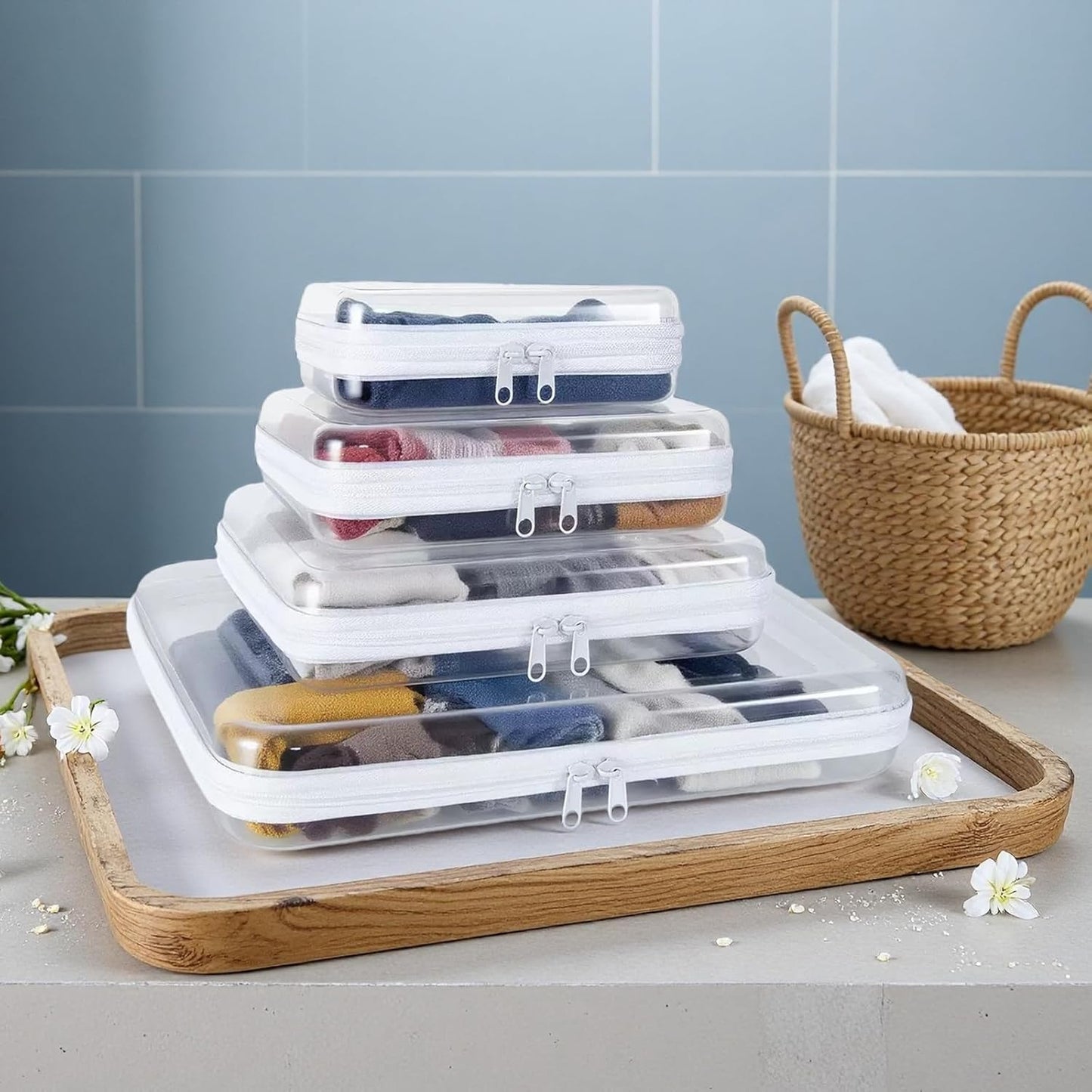 Clear Hard Shell Zipper Cases - 12 Pack Makeup & Pencil Organizers | 4 Large, 4 Medium, 4 Small - White