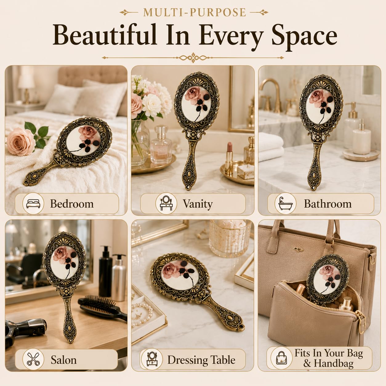 SEHAMANO Hand Mirror with Handle Compact Handheld Makeup Mirror Rose Cosmetic Clear Mirror (Matt Gold (Brass))