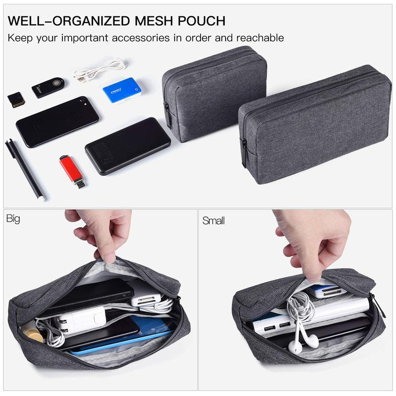 Universal Electronics Accessories Carrying Case, 2PCS Big + Small Portable Storage Pouch, Cosmetic Bag, Cable Organizer Compatible Hard Drive, Mouse, Power Bank, Adapter, Cellphone, Space Gray