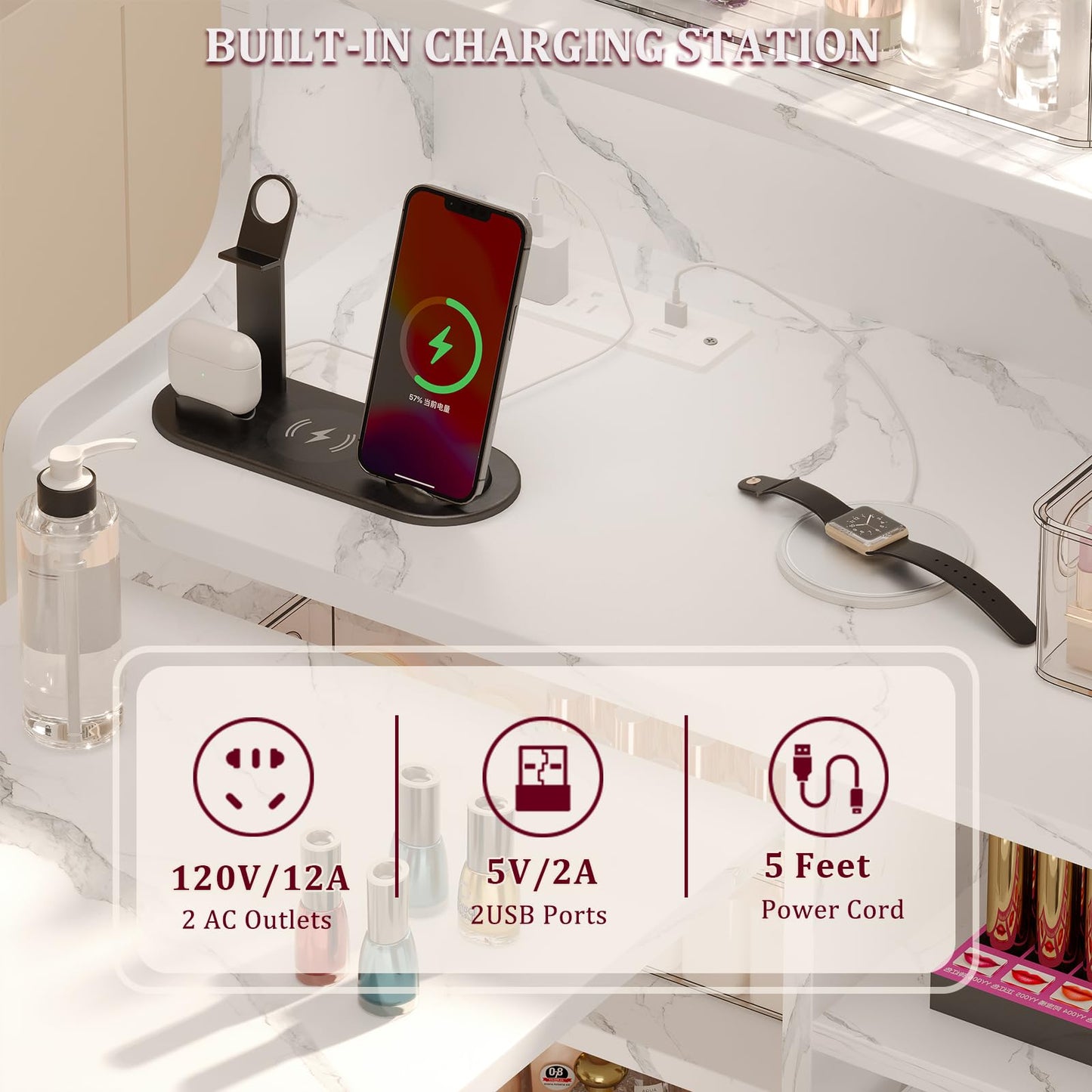 DUDUSHIMAN Foldable Nail Desk for Nail Tech, L Shape Manicure Table with Cabinet Drawer & Built-in Charging Station, Portable Nail Table for Beauty Salon Workstation (Marble)