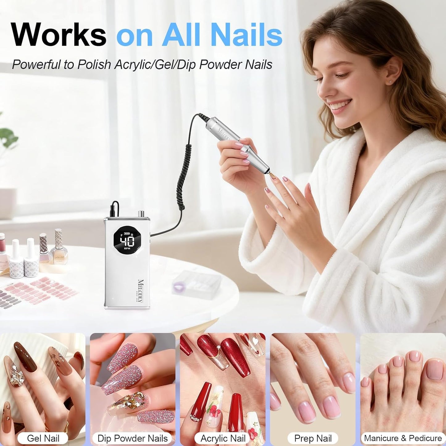Electric Nail Drill File - 40000 RPM Rechargeable Efile Kit for Acrylic & Gel Nails | Portable Cordless with Gold Bits