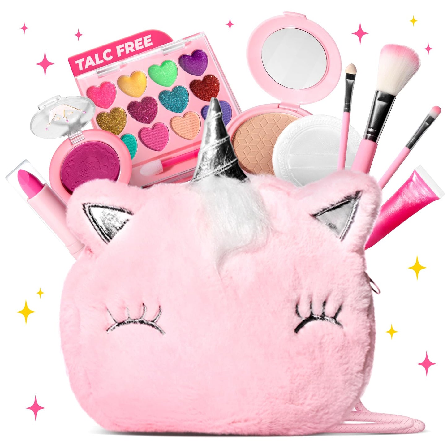 ULOVEME Talc-Free Real Kids Makeup, Mica-Based Washable Makeup Kit for Girls with Fluffy Unicorn Purse - Hypoallergenic Makeup for Sensitive Skin Kids - Gift for 5 -8 Years Old Girls Birthday