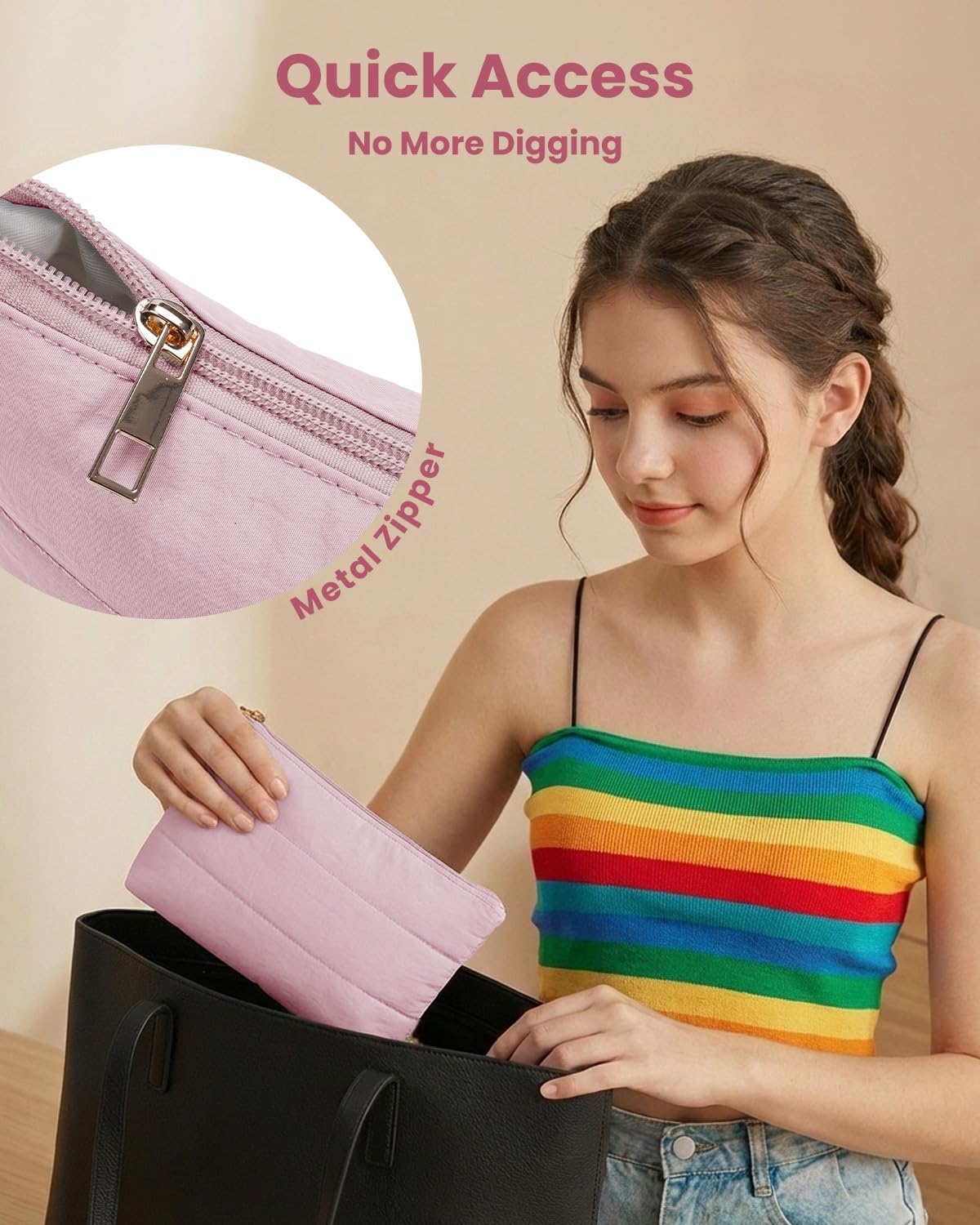 Wandering Nature Makeup Bag Small Cosmetic Bag for Purse 2 Pack Small Make Up Pouch Vegan Leather Cute Travel Pouch with Zipper for Women