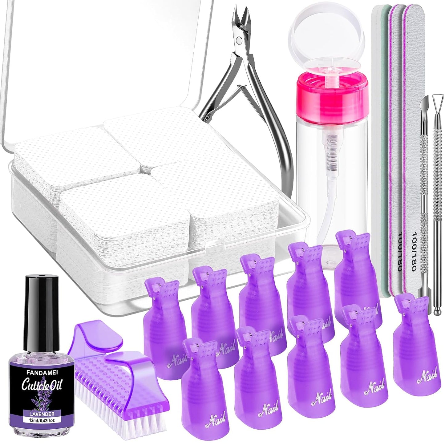 Nail Remover Kit - Complete Soak Off Tools Set with Clips, Wipes, Cuticle Nippers & Buffers | Gel Polish Remover
