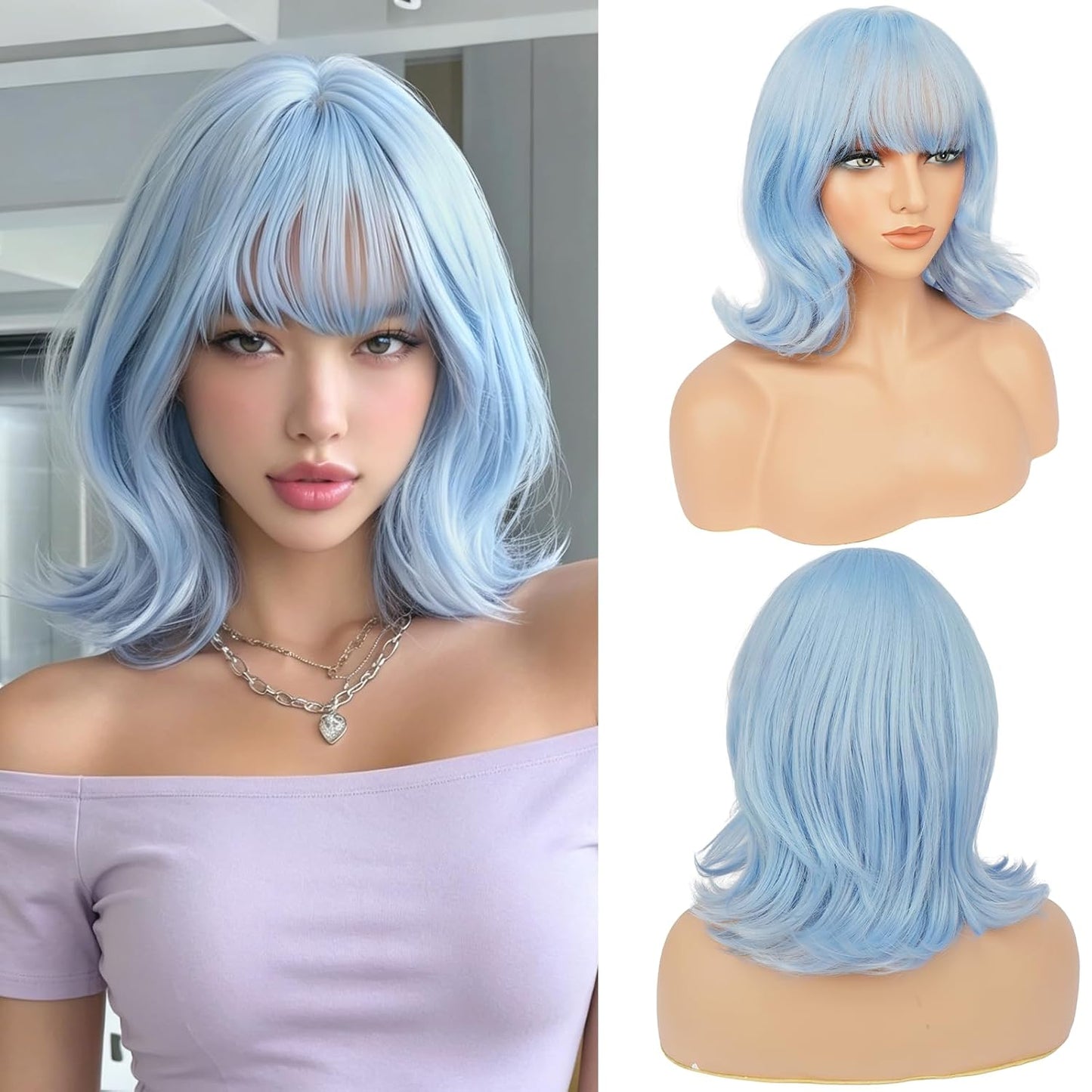 Brown Short Bob Wig with Bangs - Wavy Layered Shoulder Length | 14 Inch Synthetic Hair for Women