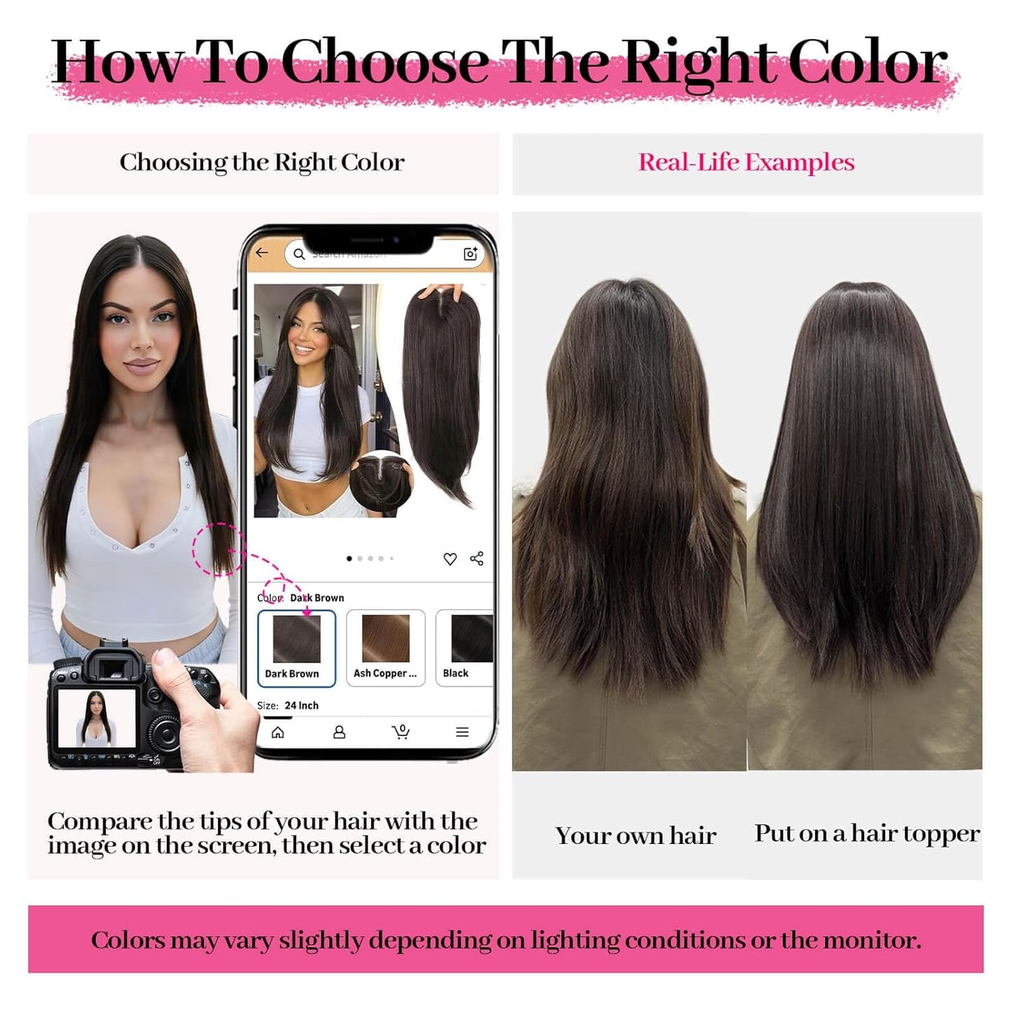 Black Synthetic Hair Toppers for Women - 5x6 Inch Large Base, Clip-In Wispy Bangs, 24 Inch Long Layered