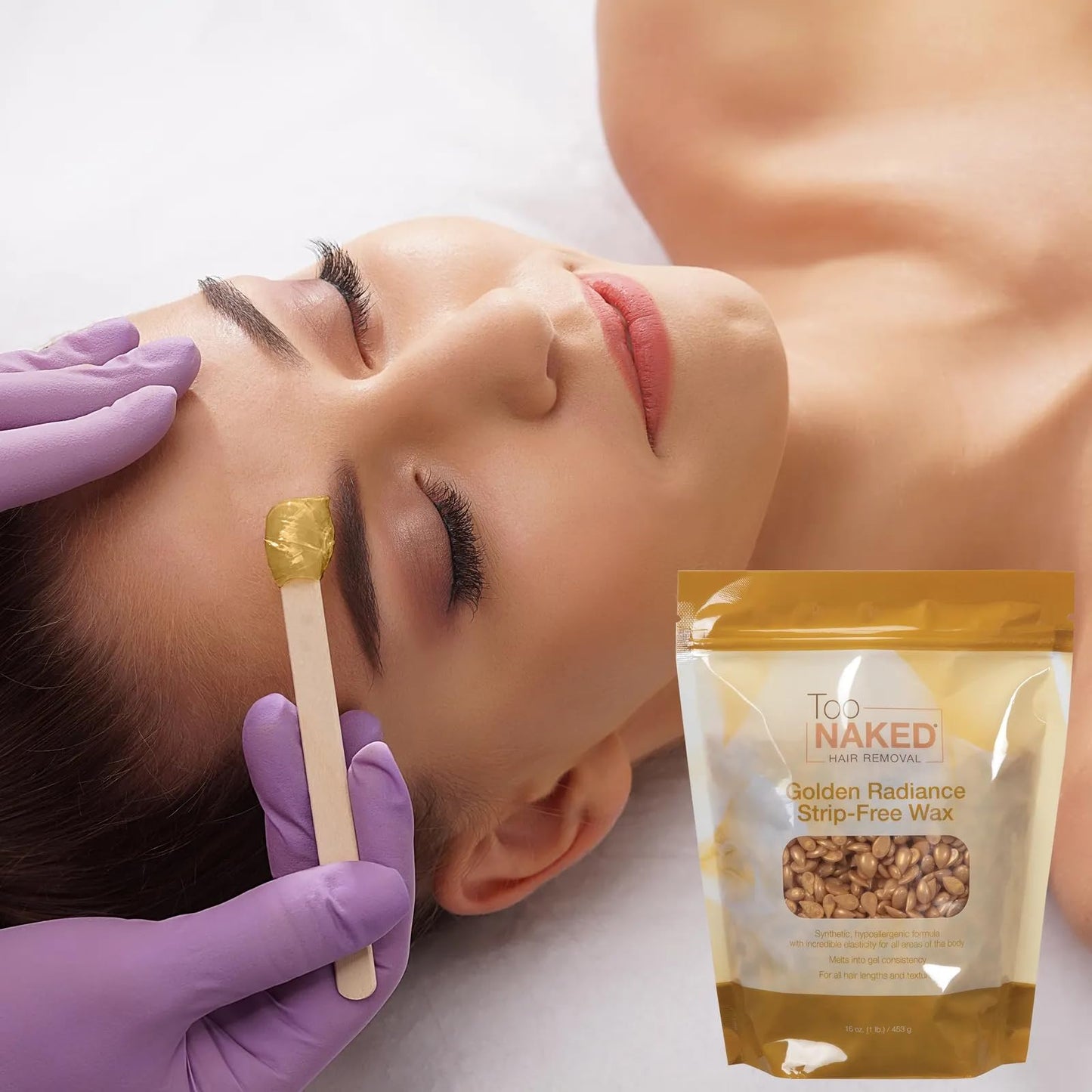 Too Naked Hair Removal Golden Radiance Strip-Free Wax, Incredible Elasticity Peel with Gel Consistency, Hypoallergenic for Sensitive Areas, Fragrance-Free, Unisex, 1 Lb.