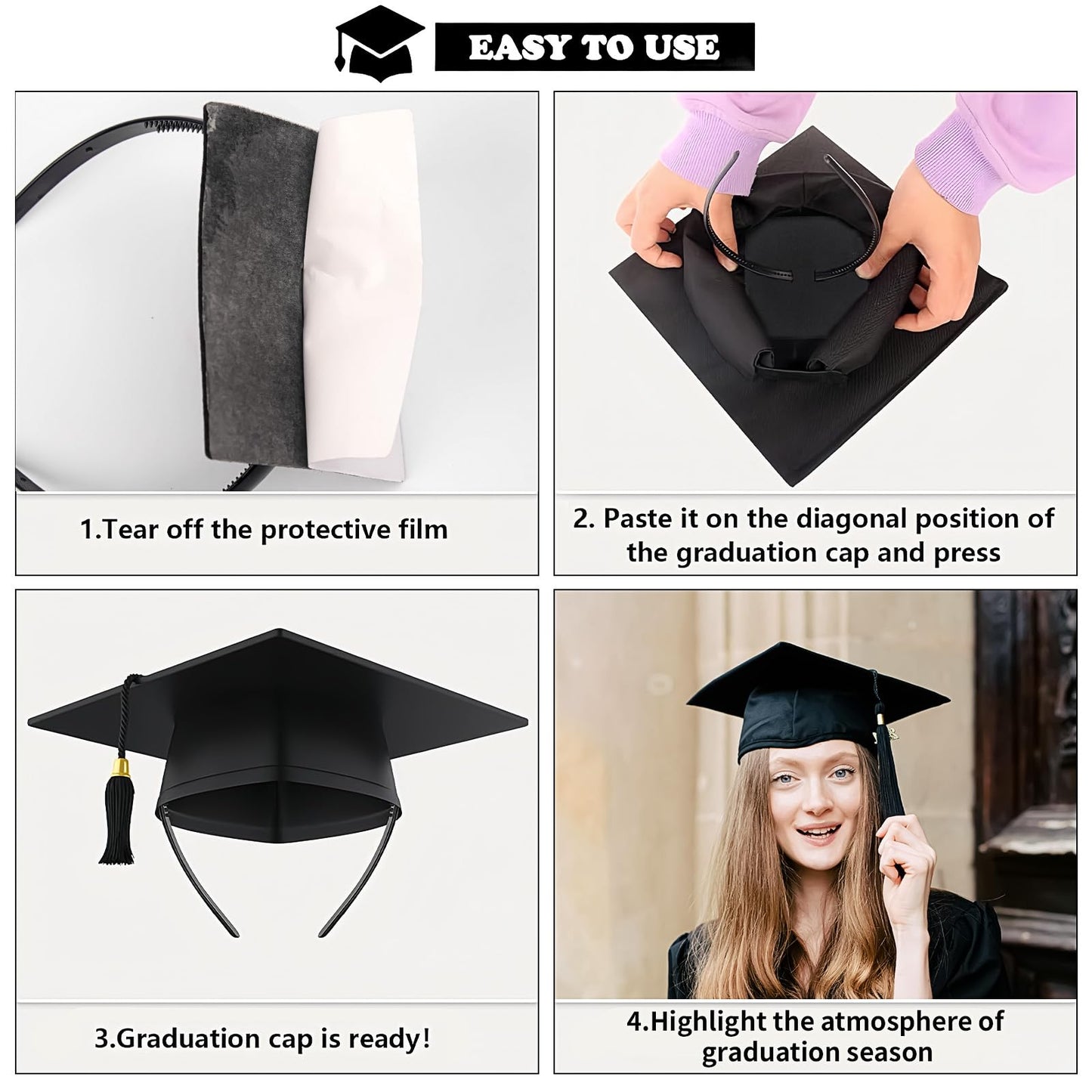 SARATA Graduation Cap Headband, Grad Cap Band with Adhesive Felt, Hair Band Hat Accessories for Graduates