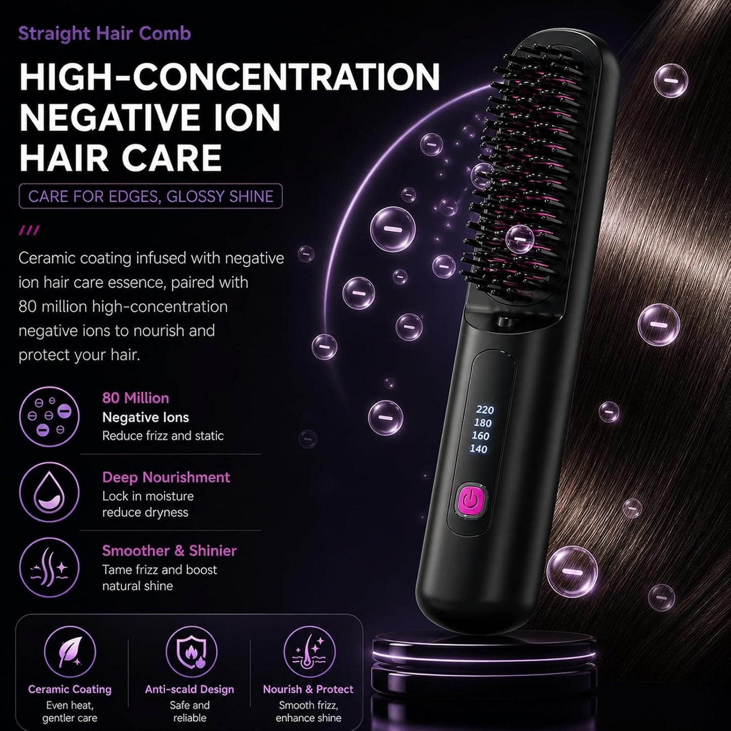 Cordless Hair Straightener Brush - 80 Million Anti-Frizz Ions, 4 Temp Settings | Portable Travel Styling Tool