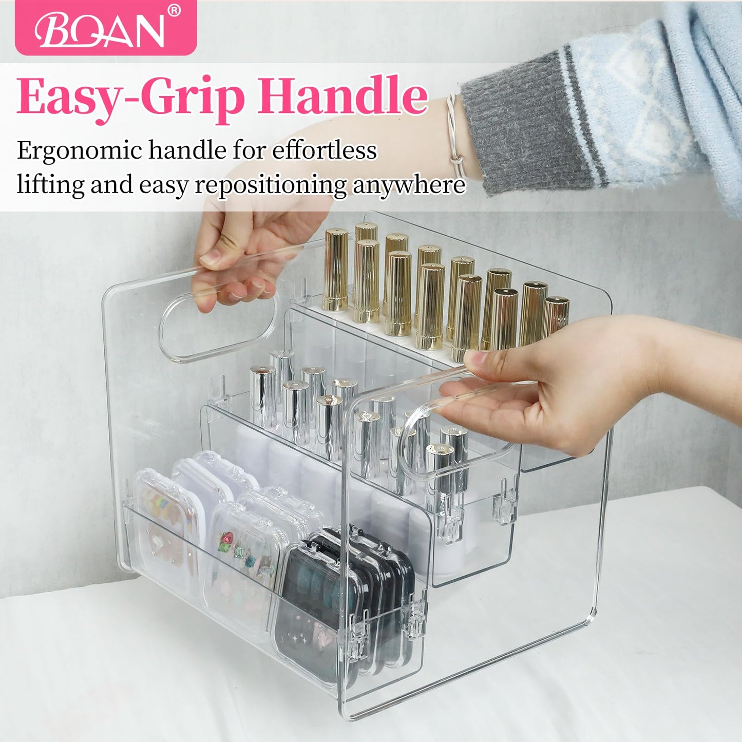 BQAN 3-Tier Clear Acrylic Nail Polish Organizer Rack - Extra Wide Storage Display Stand for Nail Polish, Essential Oils & Makeup with Built-in Handles