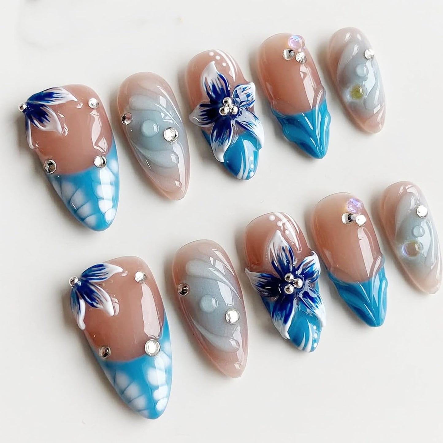 Patriotic 4th of July Press-On Nails - Short Almond French Tips | 30 Pcs Red, White & Blue with Star & Bow Designs