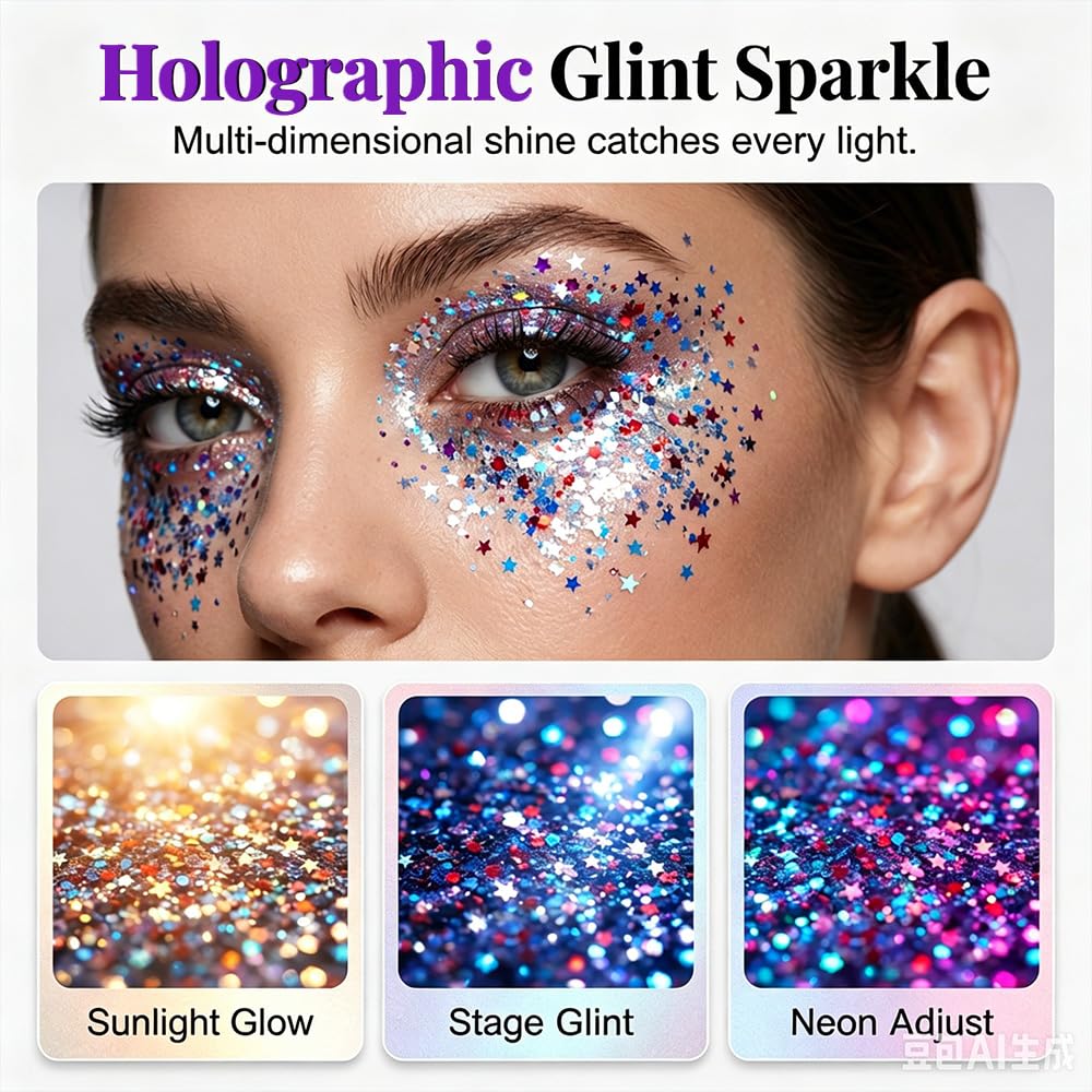4th of July Glitter Stick, 2026 New Red White Blue Body Hair Sparkle for Independence Day, Upgrade Sparkle Patriotic Pride Chunky Glitter 4th of July Accessories (Purple)