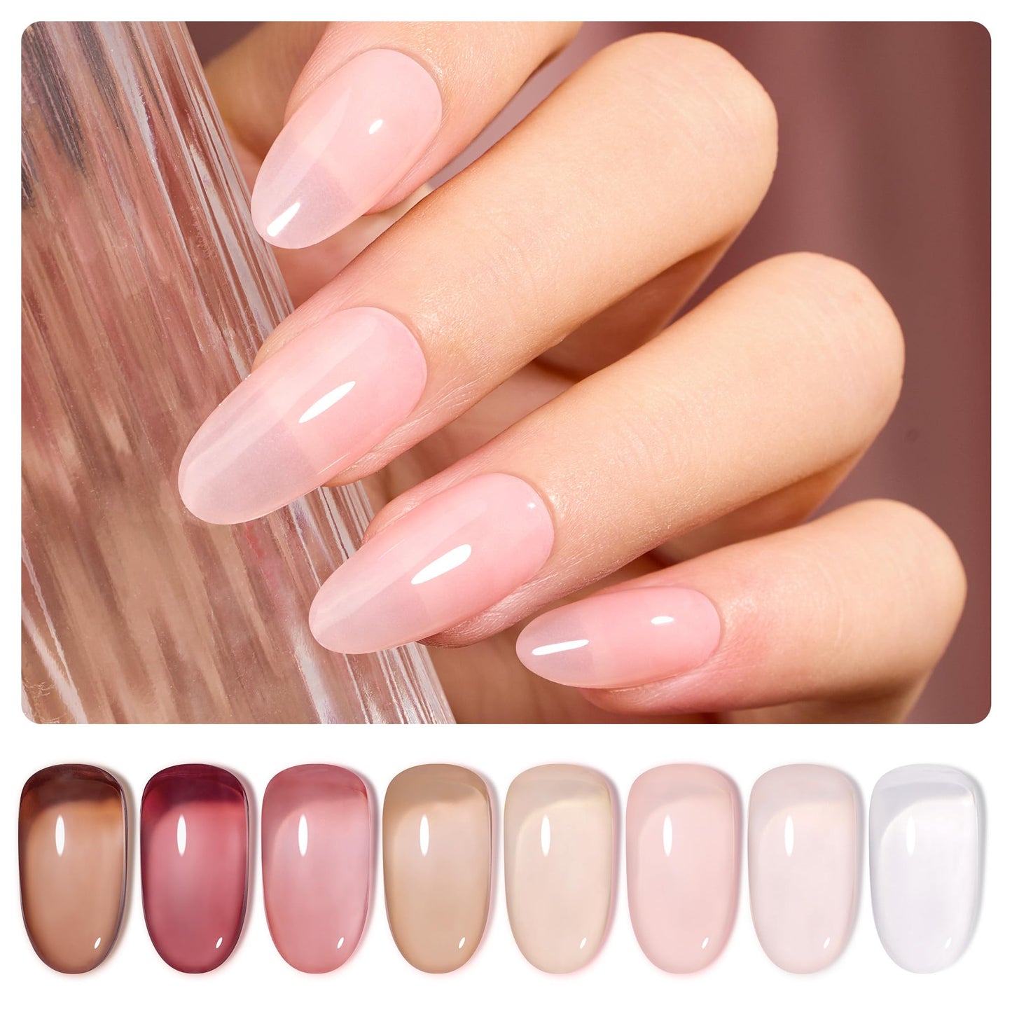 Beetles Jelly Gel Nail Polish Set, 8 Nude Pink Milky Brown Translucent Colors Gel Nail Polish Sweet Temptation Collection Soak Off LED Nail Art Manicure Kit DIY Salon at Home Gifts for Women