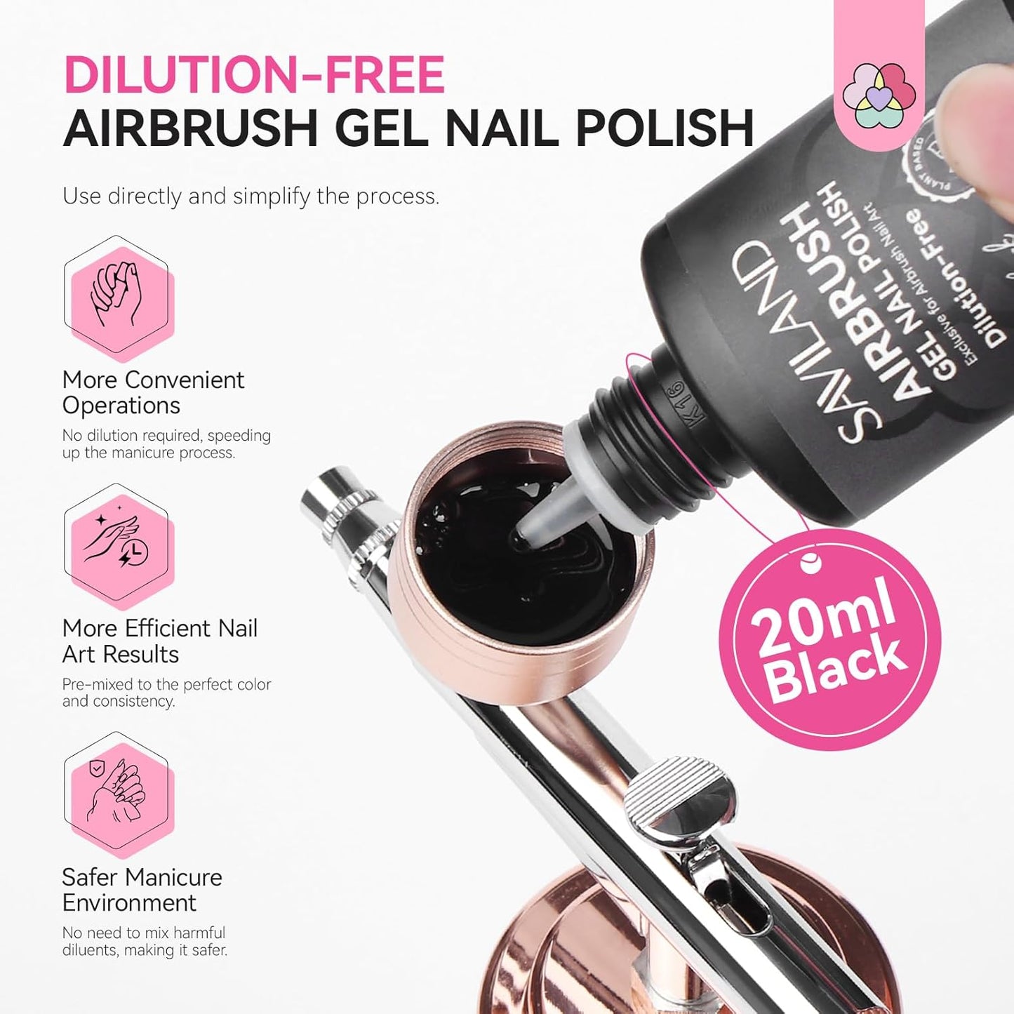 SAVILAND Airbrush Gel Nail Polish - Dilution-Free 20ml Black | Low Odor, Non-Acetone, Perfect for Ombre & Stencils