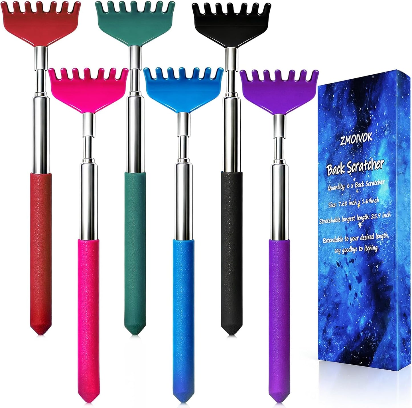 Back Scratchers Set - 6 Pack Extendable Rubber Handle & Stainless Steel Heads | Perfect Gift for Thanksgiving & Christmas