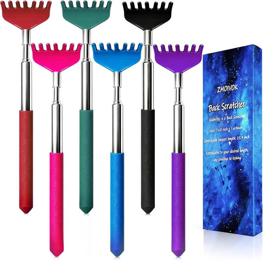 Back Scratchers Set - 6 Pack Extendable Rubber Handle & Stainless Steel Heads | Perfect Gift for Thanksgiving & Christmas