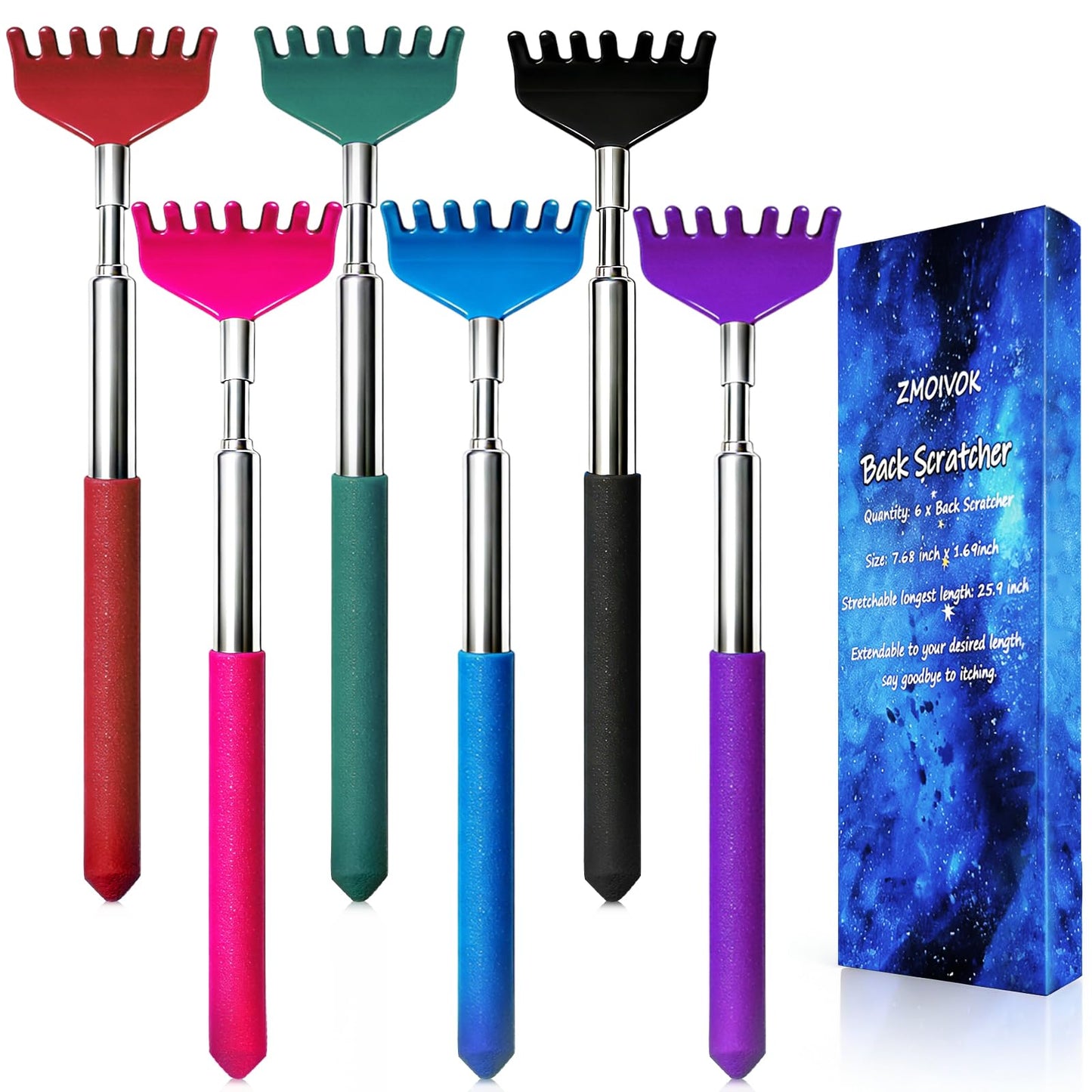 ZMOIVOK 6 Pack Back scratchers Set,Rubber Handles and Stainless Scratch Heads Back Scratcher Extendable,for Back,Neck,Shoulders,Beautiful Present Packaging Gifts for Thanksgiving,Christmas (Mix)