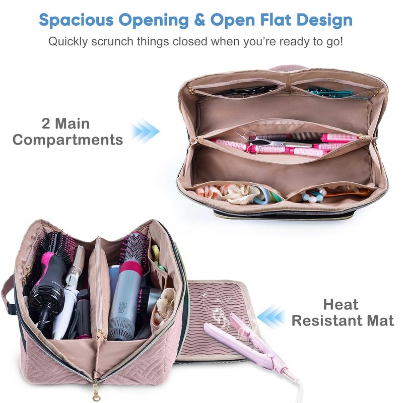 Large Hair Tools Travel Bag - 2-in-1 Organizer with Iron Mat for Hair Dryers, Curling Irons & Makeup | Ideal for Travel Essentials