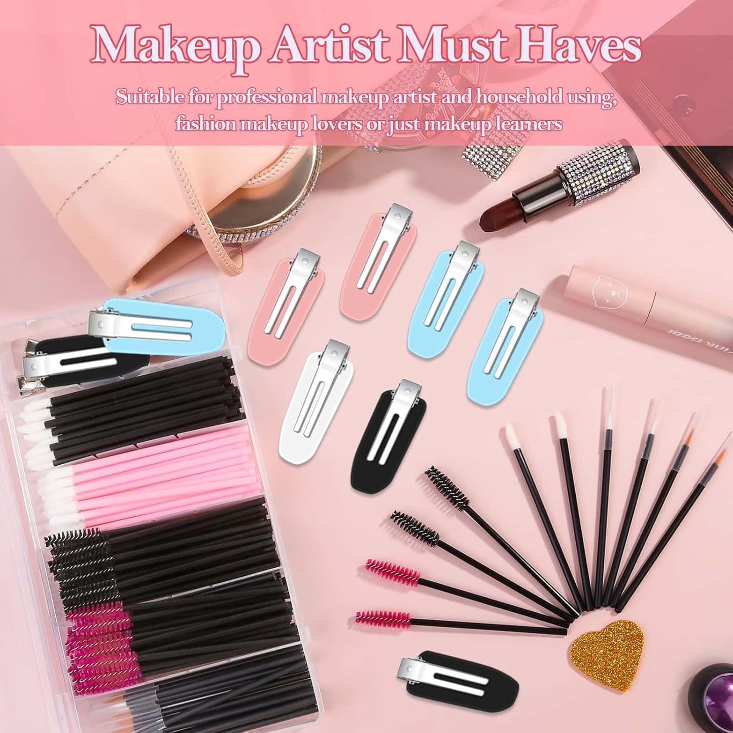Disposable Makeup Applicators Kit - Triangle Puff, Mascara Wands, Lip Brushes & Hair Clips | Complete Artist Supplies Set
