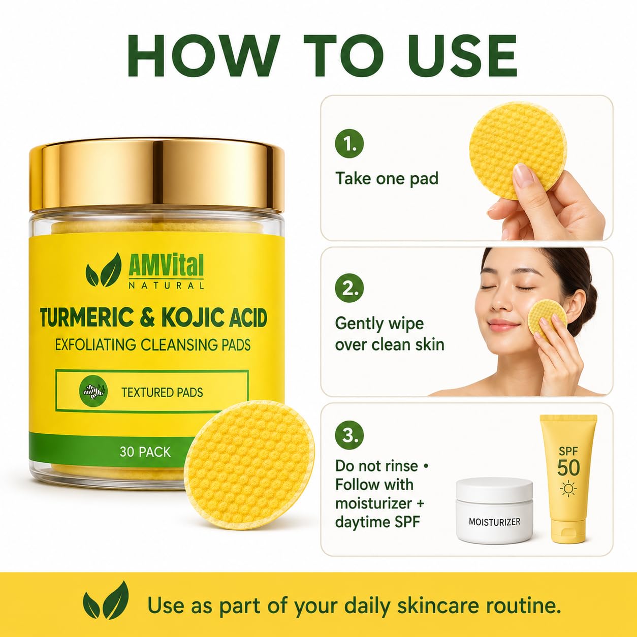 AMVital Turmeric Kojic Acid Cleansing Pads, Pre-Soaked Face Pads