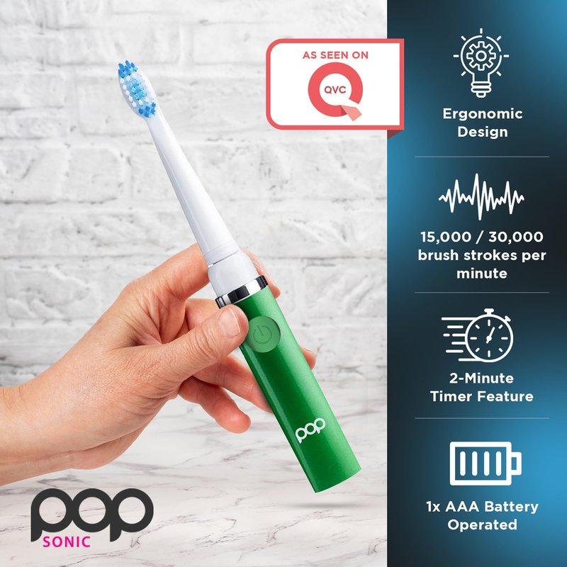 Pop Sonic Electric Toothbrush (Green Solid) - Travel Toothbrushes w/AAA Battery | Kids Electric Toothbrushes with 2 Speed & 15,000-30,000 Strokes/Minute, Dupont Nylon Bristles