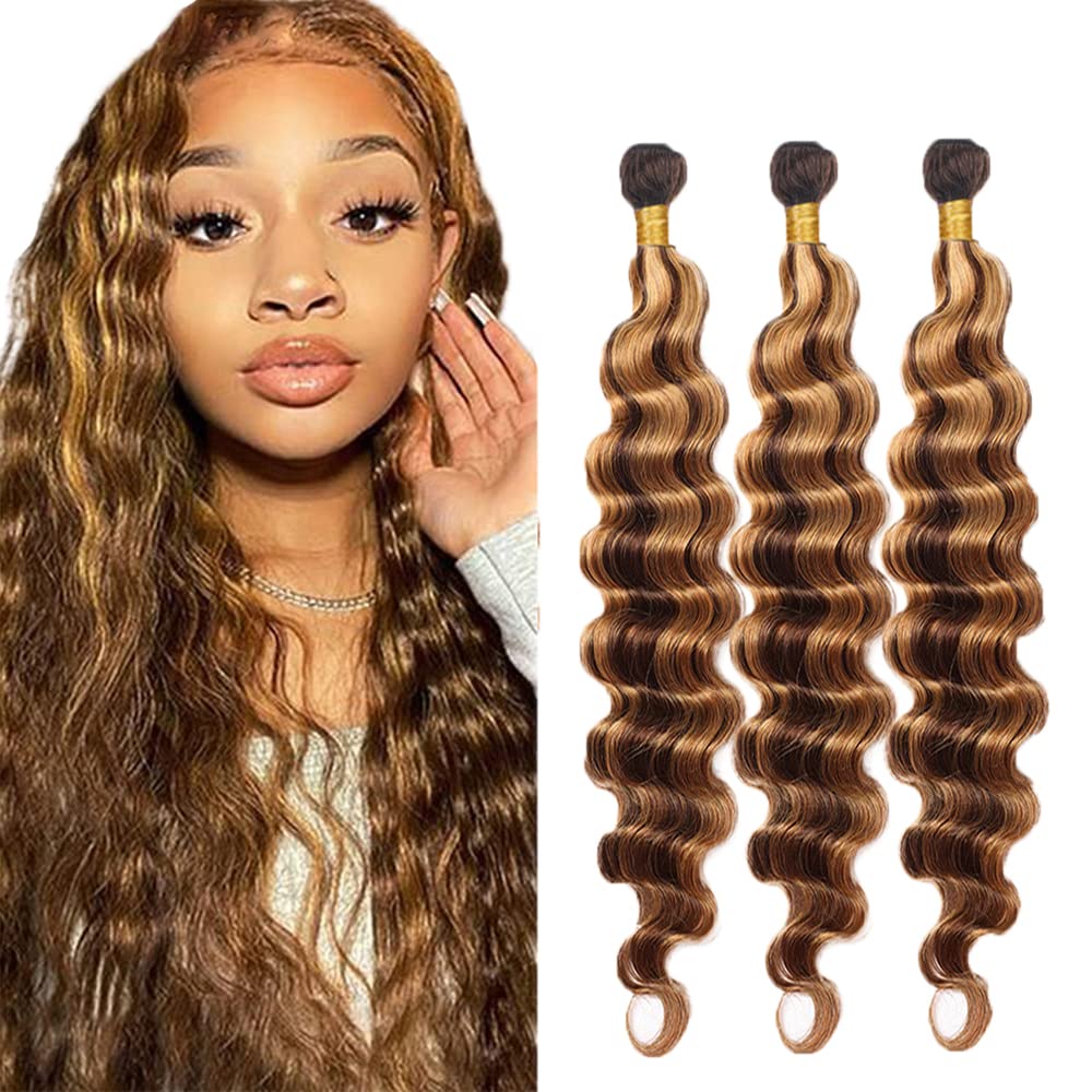 28 30 32 Inch P4/27 Blonde Bundles Human Hair Deep Wave 3 Bundles Brazilian Remy Hair 50 Grams/Bundle 10A Grade Unprocessed Virgin Hairs Highlight Blonde Deep Wave Bundle Weaves Extensions