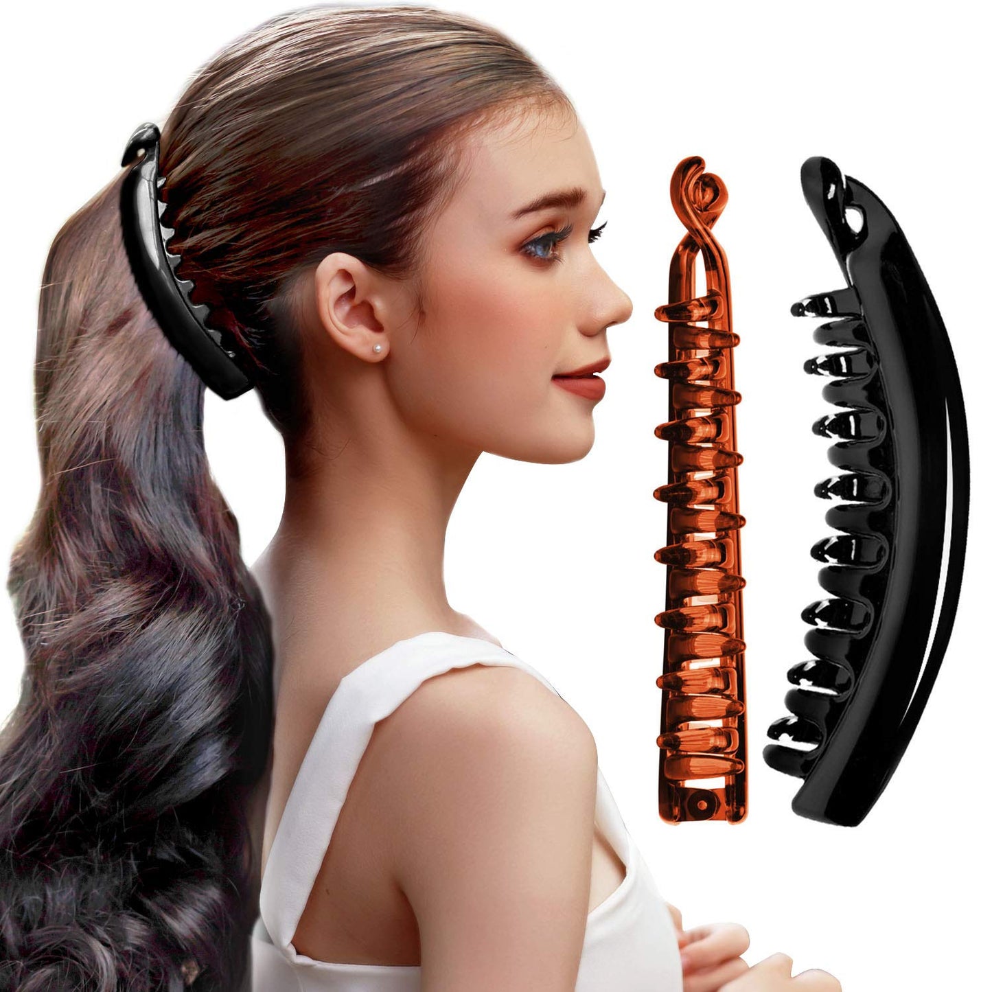 Large Banana Hair Clips for Women - 2 Pcs Thick Curly Ponytail Holders | Strong Hold, Black & Brown