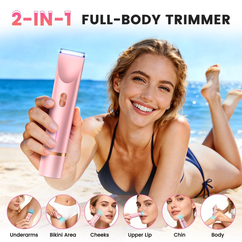 Bikini Trimmer for Women, 2-in-1 Electric Razor with Dual Head, IPX7 Waterproof Body Hair Trimmer for Pubic Hair, Legs, Underarms and Sensitive Areas, Cordless Rechargeable(Pink)