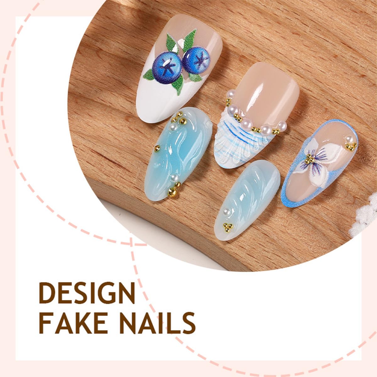 30Pcs Handmade Press-On Nails | Medium Almond 3D Ocean Wave Blueberry Floral Design with Pearls & Rhinestones