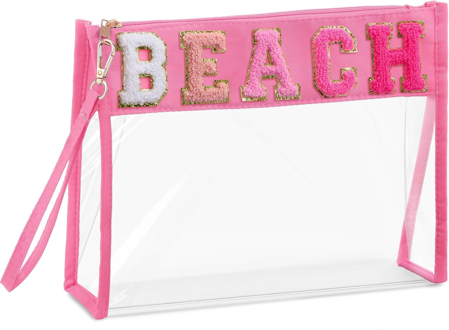 Clear Chenille Letter Makeup Bag - Portable Travel Organizer for Women | Black Cosmetic Pouch with Wrist Strap