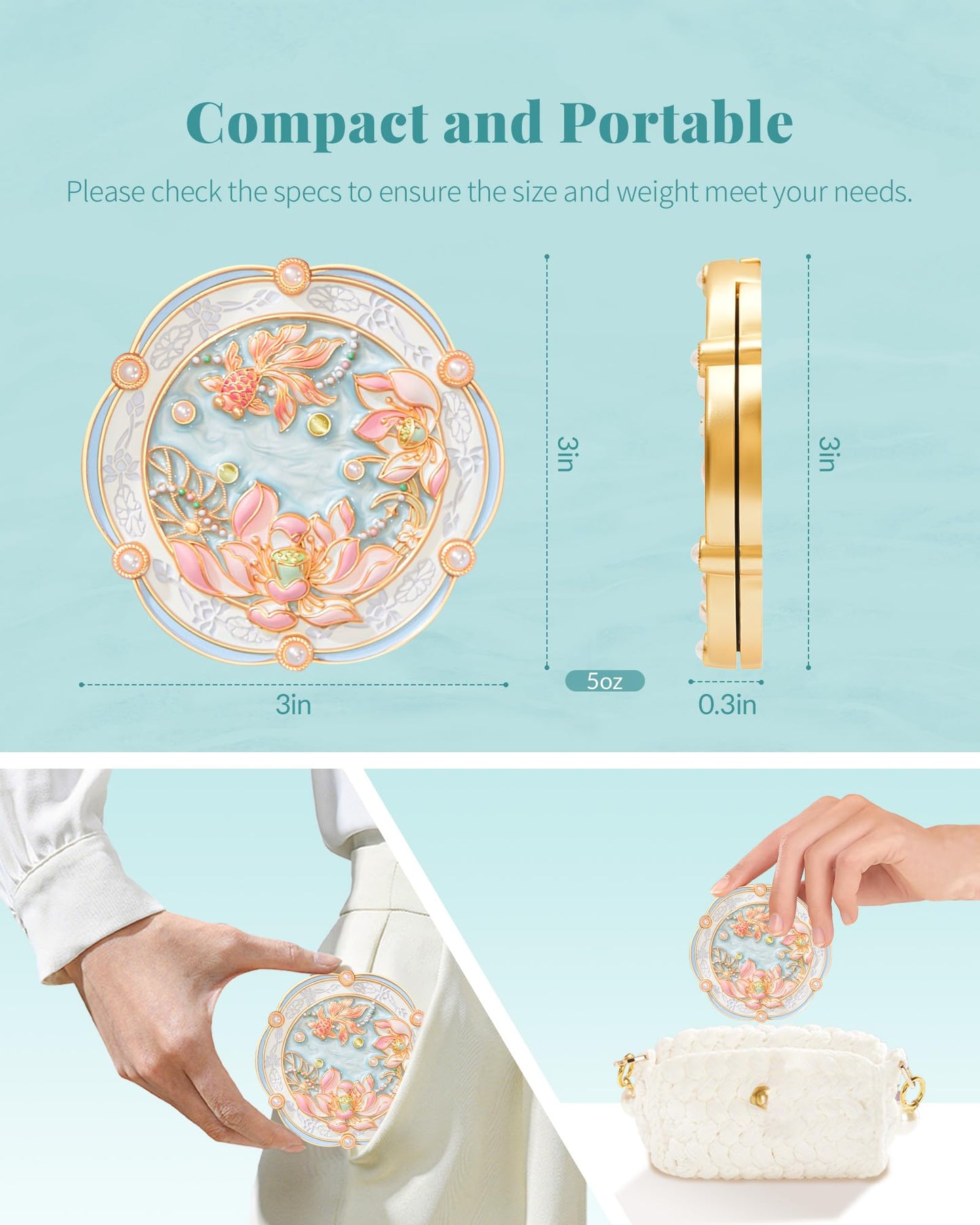 Imperblooms Lotus Bloom Compact Mirror, Small 2X Magnifying Makeup Mirror for Purse Pocket, Mini Portable Folding Blue Mirror, Chinese Style Gift for Women Girls