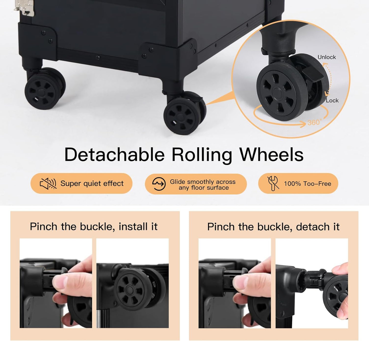 Portable Nail Desk - Foldable Manicure Table with 3 Drawers & Mirror | Mobile Nail Tech Workstation with Wheels, Black
