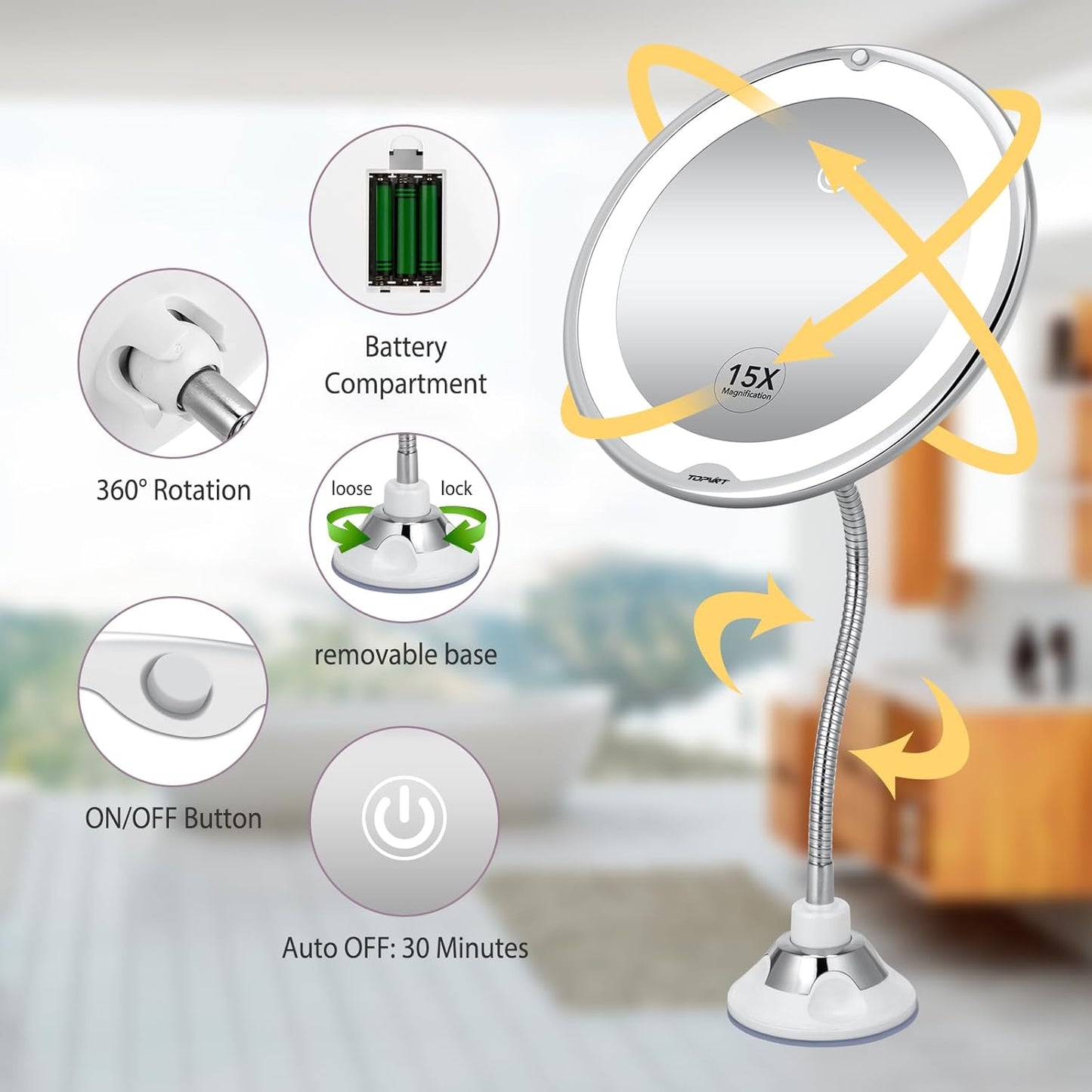 15X Magnifying Suction Mirror - Dimmable LED Vanity Mirror with Power Suction Cup | Portable for Home Bathroom (Large)