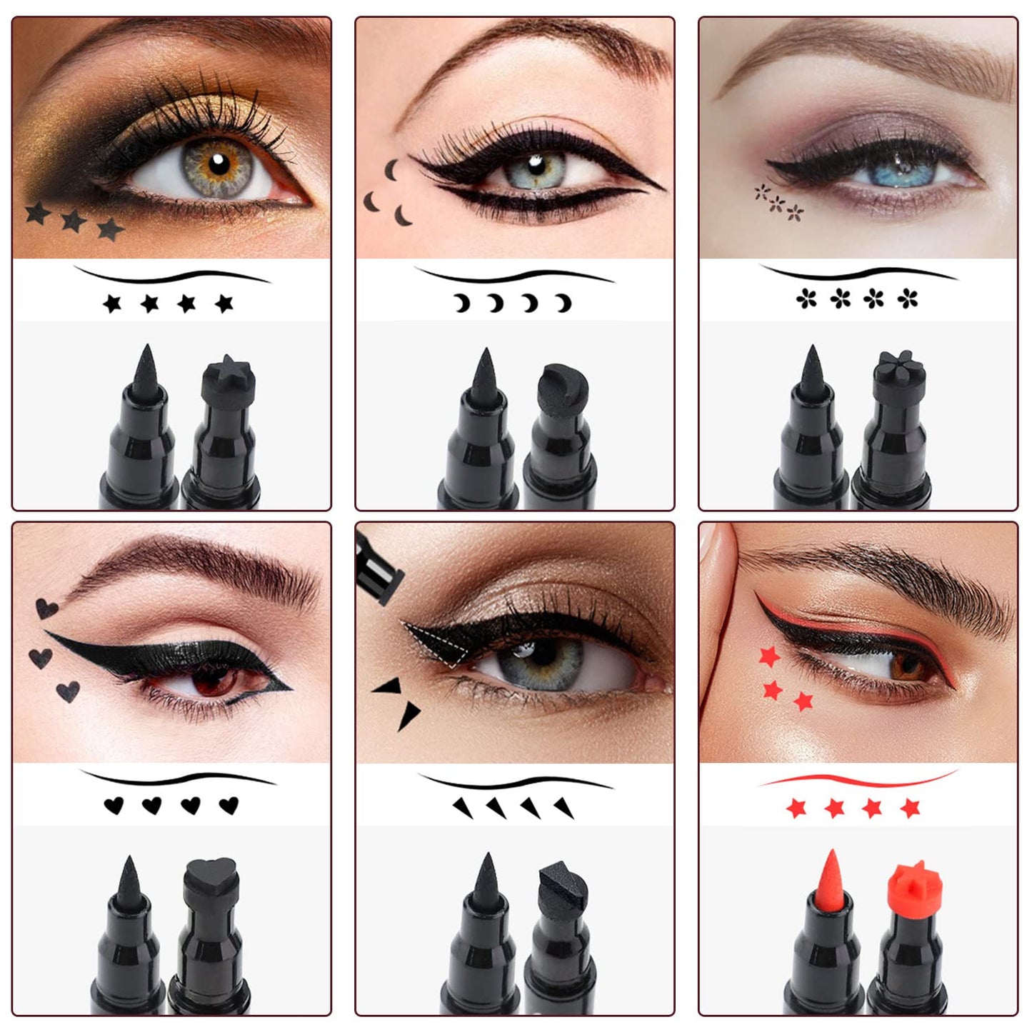 Eyeliner Stamp Set - 6 Double-Ended Winged Pens with Heart, Star, Plum, Triangle & Moon Shapes | Waterproof Liquid Eyeliner for Festival & Cosplay Makeup
