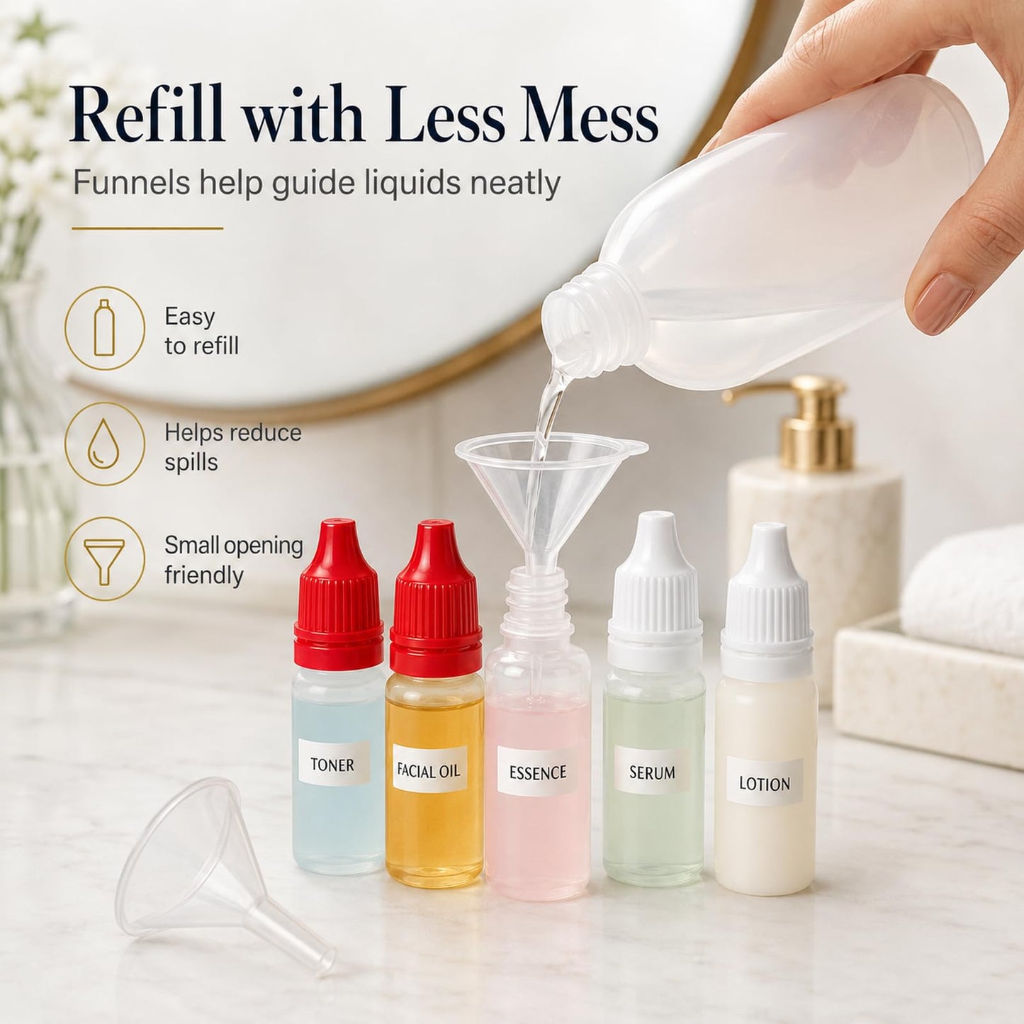 LUSTRIB 10PCS (6 Bottles + 4 Funnels) Small Plastic Dropper Bottle for Travel 15ml (0.5oz) Eye Dropper Bottle with Cap Refillable Travel Container Portable Squeezable for Liquid, (Red & White)