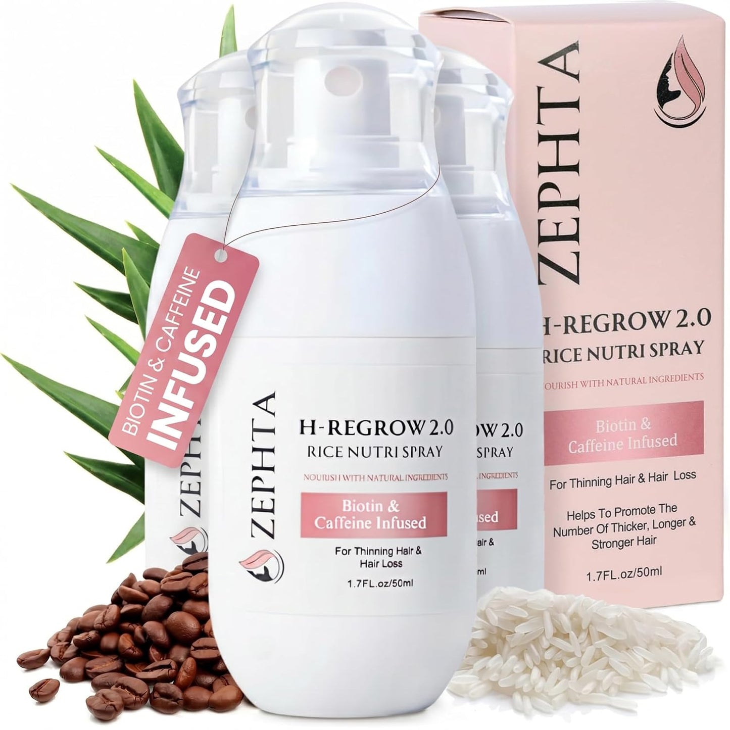 Zephta Hair Growth Spray - Rice Water, Biotin & Aloe Vera Formula for Thinning Hair | Unisex Solution
