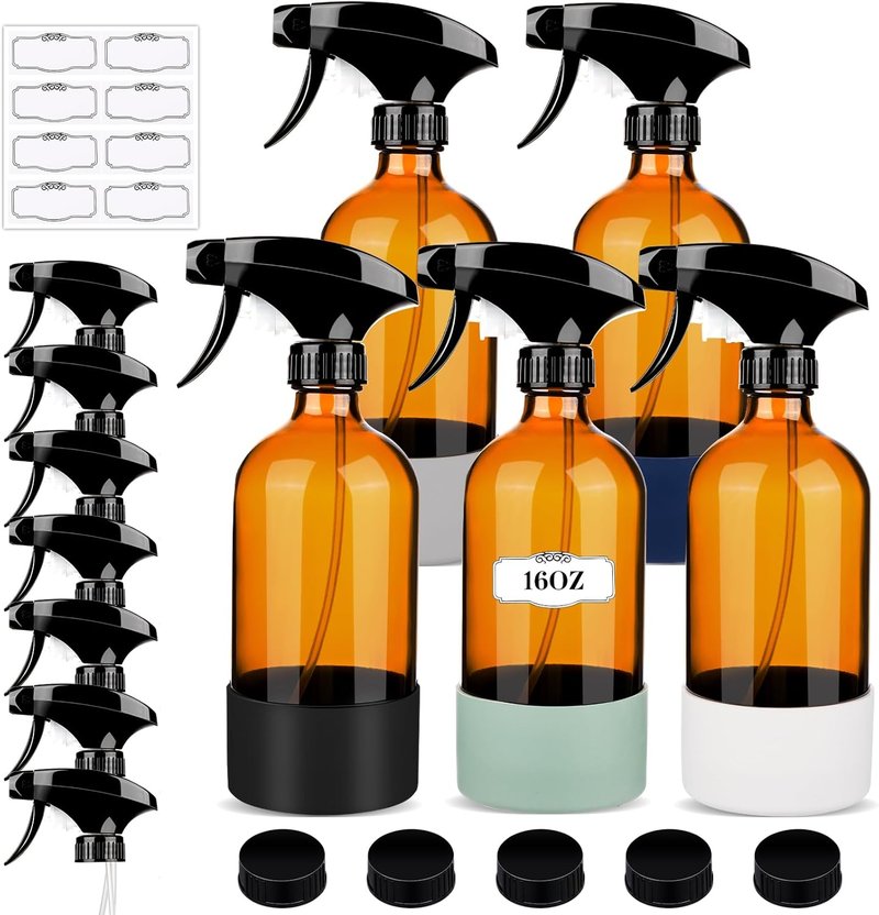 Zenowick Glass Spray Bottles - 16 Oz Refillable Containers with Silicone Sleeve | Adjustable Nozzle for Cleaning & Essential Oils (Amber)