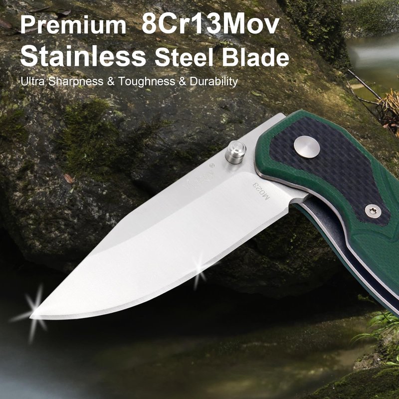 Vickay Pocket Knife, Pocket Folding Knives with Belt Clip, Tactical Camping Knife, 2.6in 8Cr13MoV Stainless Steel Blade, Non Slip G10 Handle, Dark Green