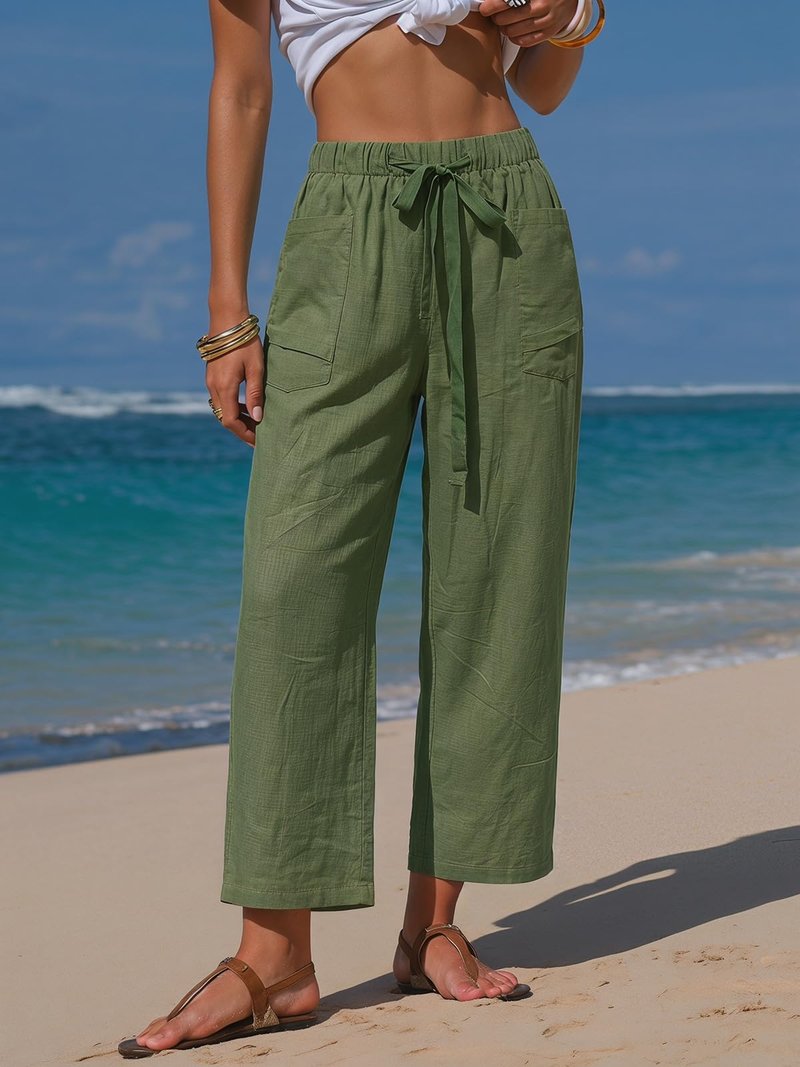 EXLURA Womens Summer Faux Linen Striped Barrel Pants Comfy Drawstring Capri Pant with Pockets Beach Vacation Lounge Trousers