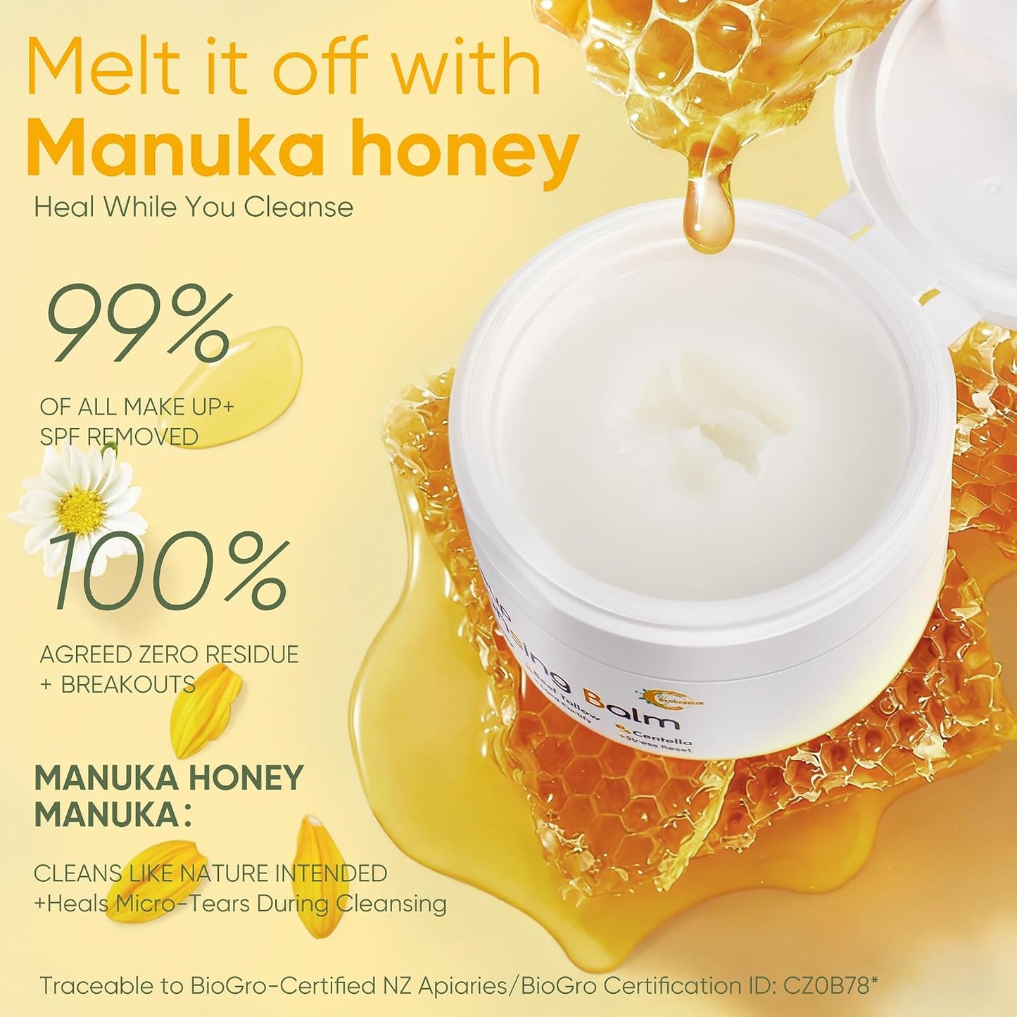 Cleansing Balm Makeup Remover - Manuka Honey & Tallow | Soothing Cica for Sensitive Skin, 3.53 Oz