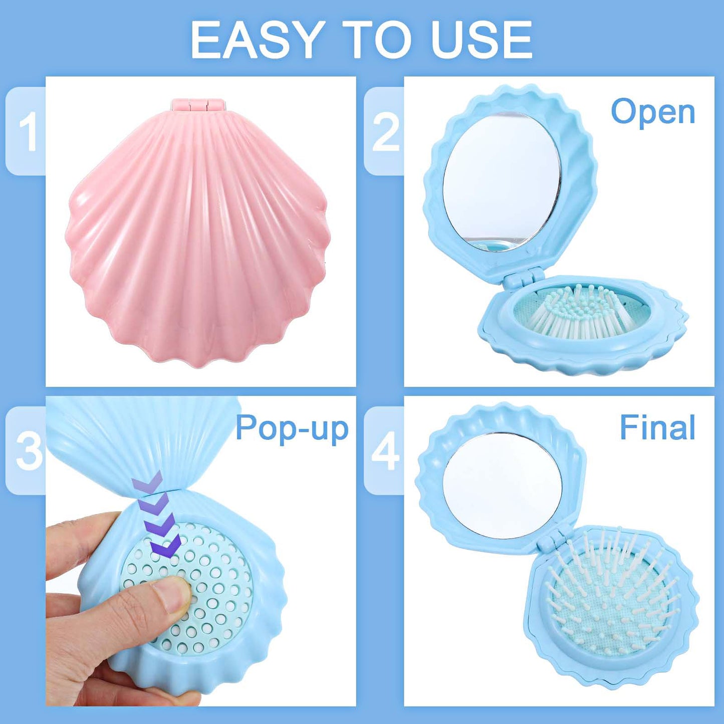Nogeqi 2 Pcs Shell Shape Foldable Mini Brush for Hair,Travel Size Hair Brush with Mirror,Conch Folding Hair Brush,Portable Compact Hair Brush for Women and Purse Must Haves (Blue Pink)