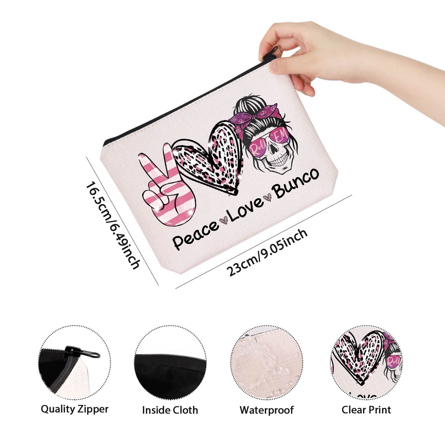 TSOTMO Bunco Dice Gamer Gift Peace Love Bunco Gambling Lover Zipper Pouch Makeup Bag (Peace Love Bunco)