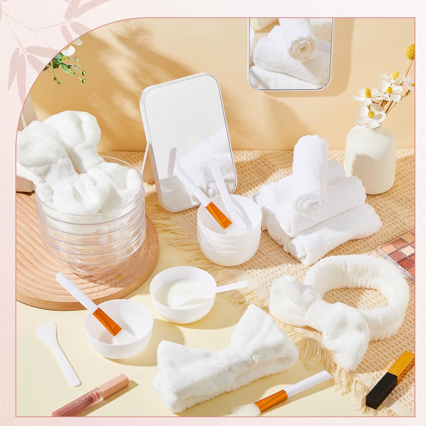 Teenyyou 6 Set White Spa Party Supplies for Girls Women Include Facial Mask Bowl with Stick Spatula Silicone Brush Mirror Headband Towel for DIY Spa Sleepover Slumber Wedding Birthday Party Favor